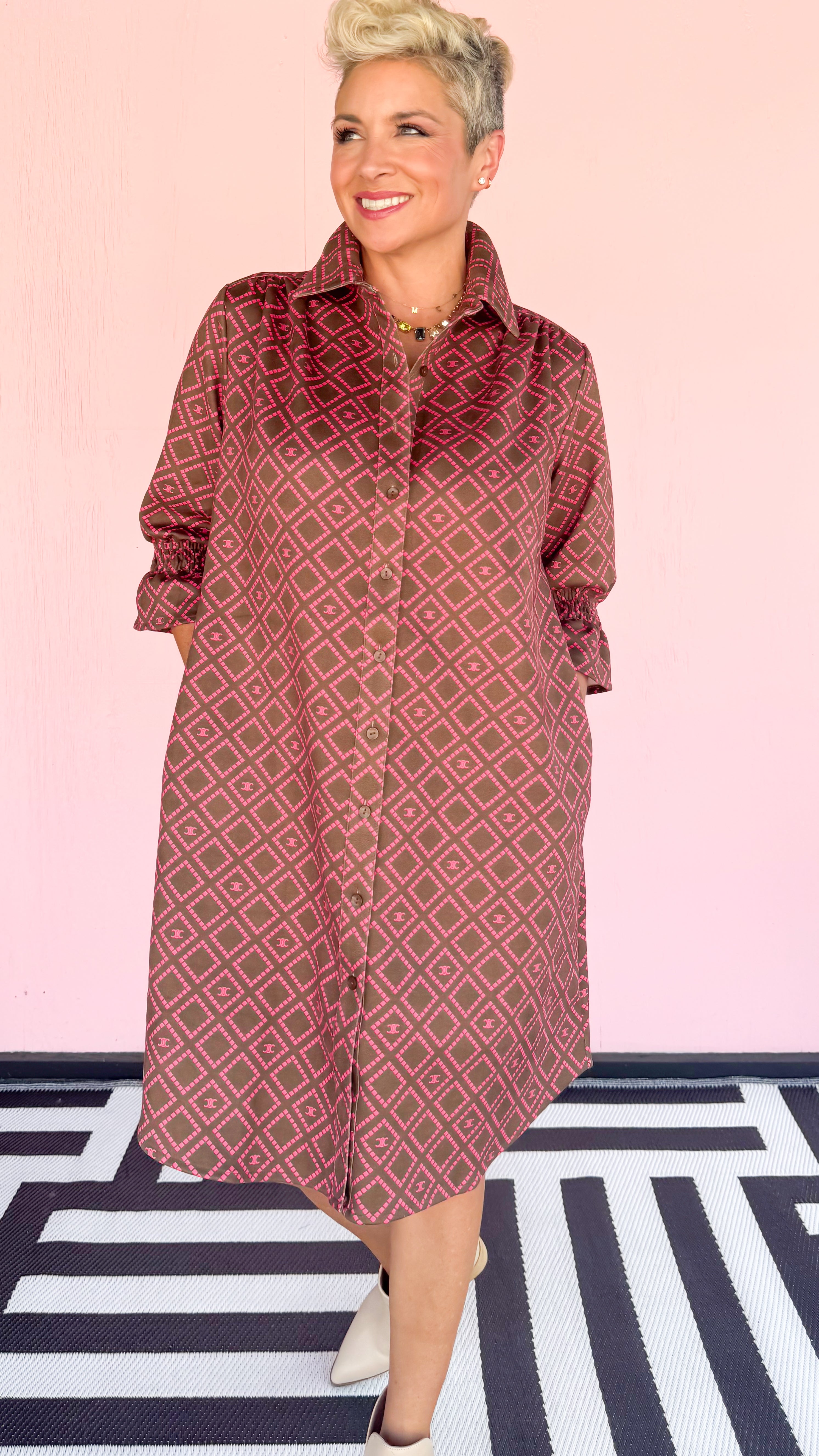 Diamond Print Short Shirt Dress/Brown