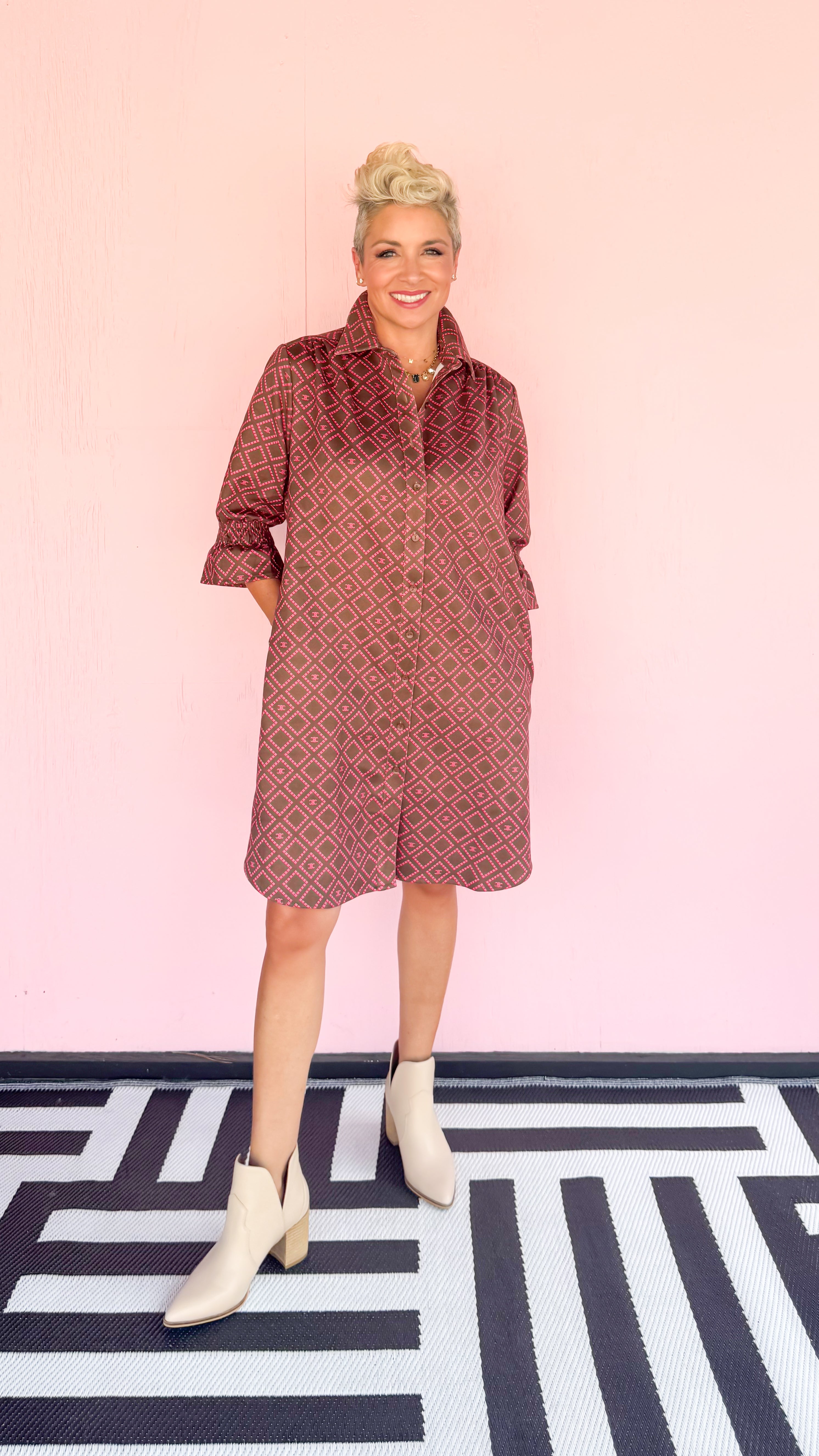 Diamond Print Short Shirt Dress/Brown