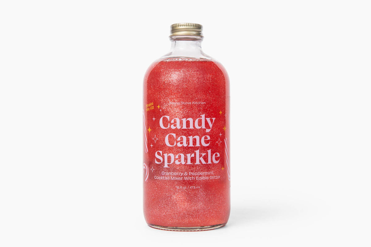 Candy Cane Sparkle cocktail and mocktail mixer in a 16 oz glass bottle