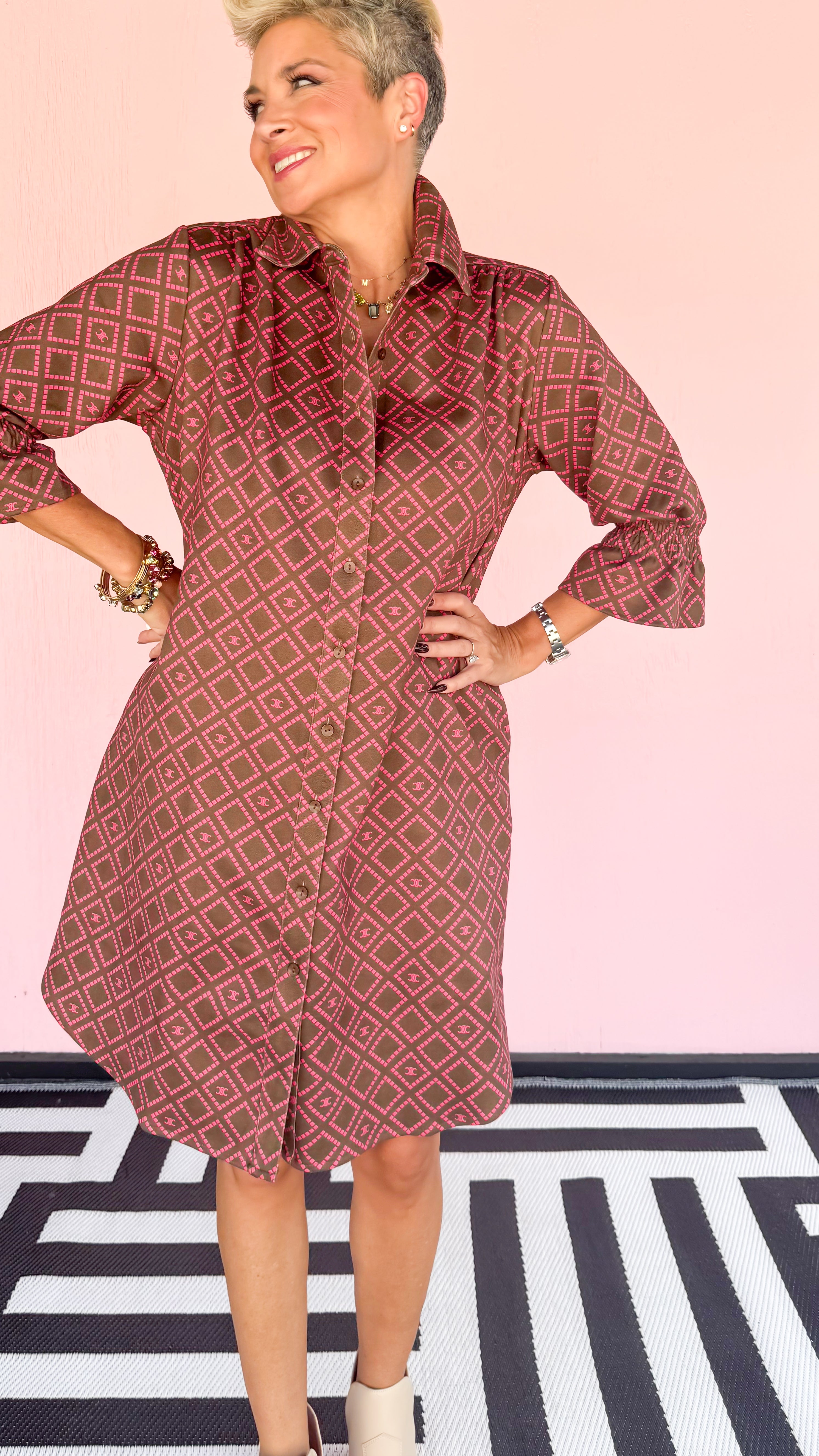 Diamond Print Short Shirt Dress/Brown