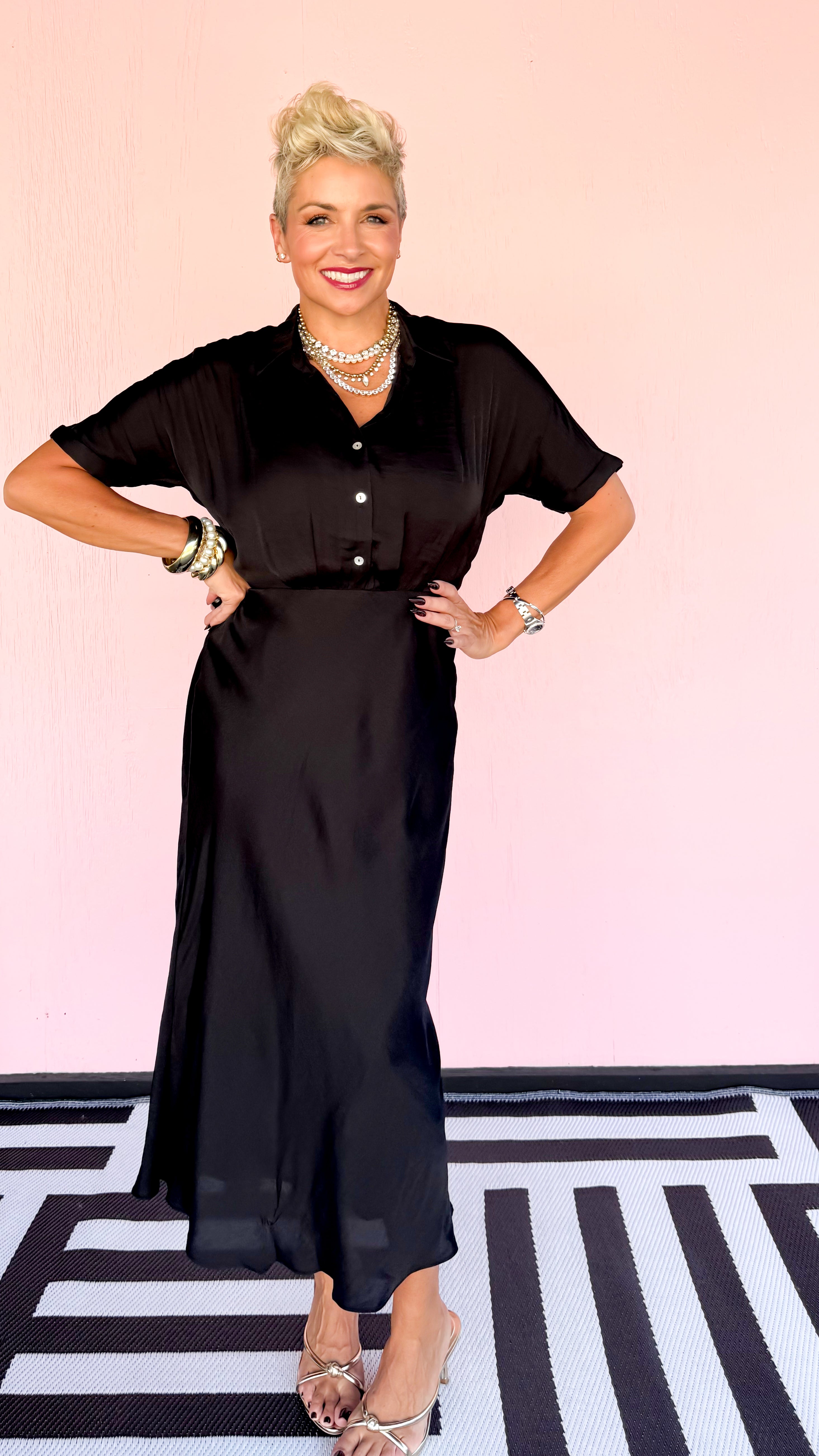 Button Up Midi Shirt Dress/Black