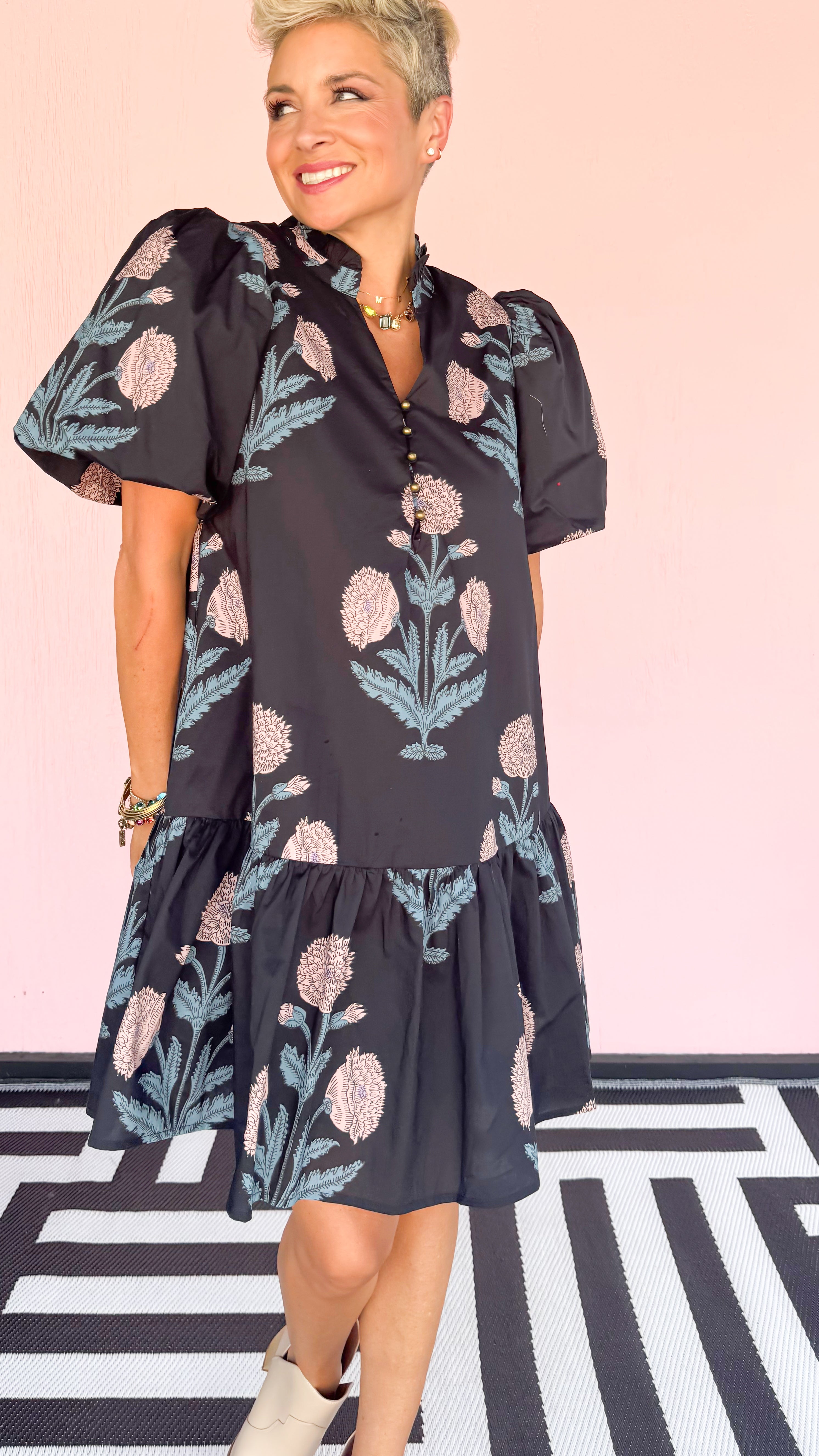 Mum Floral Dress w/Gold Ball Buttons/Navy