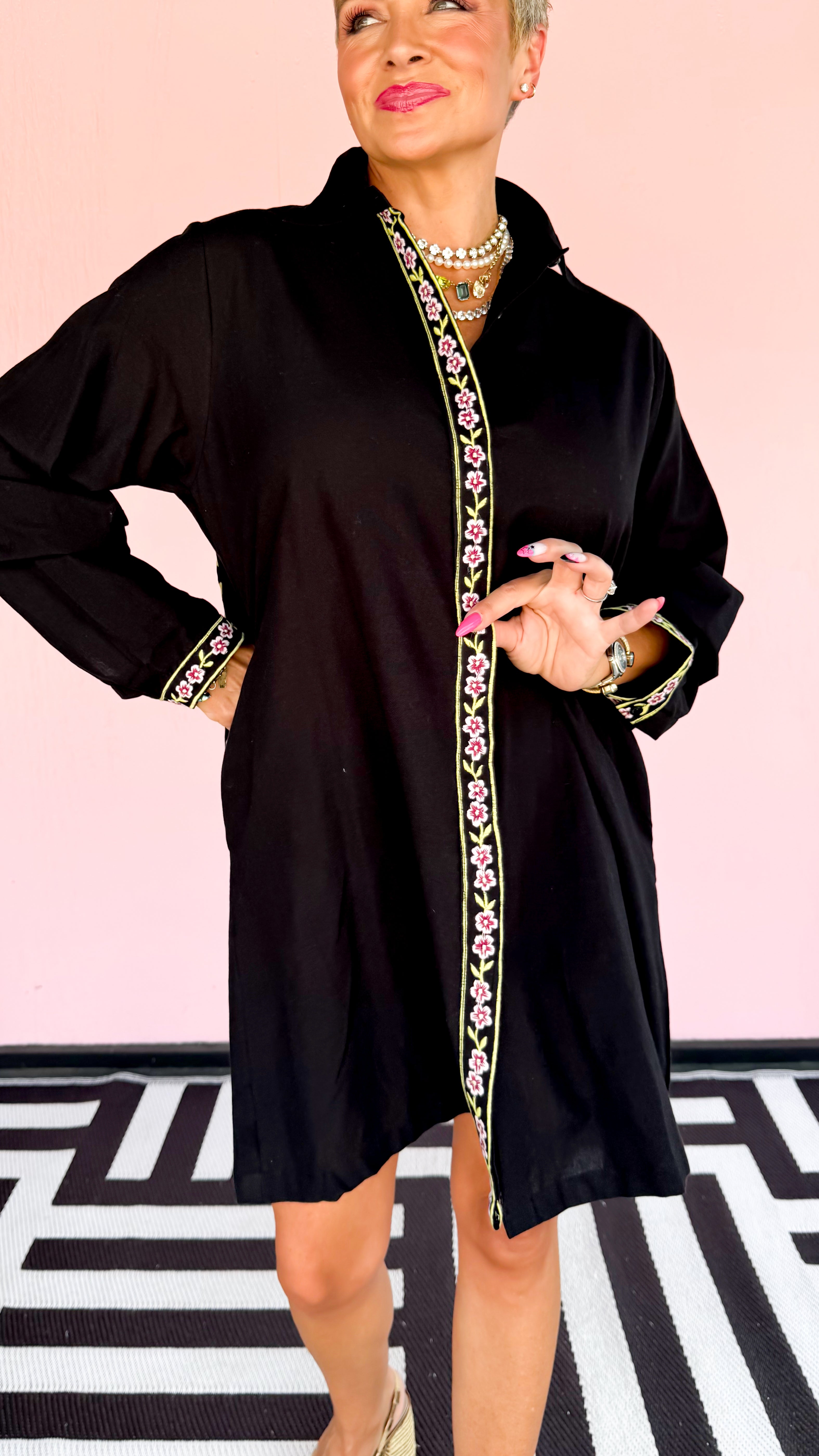 Black Cactus Embroidered Shirt Dress/BLK - The BLVD
