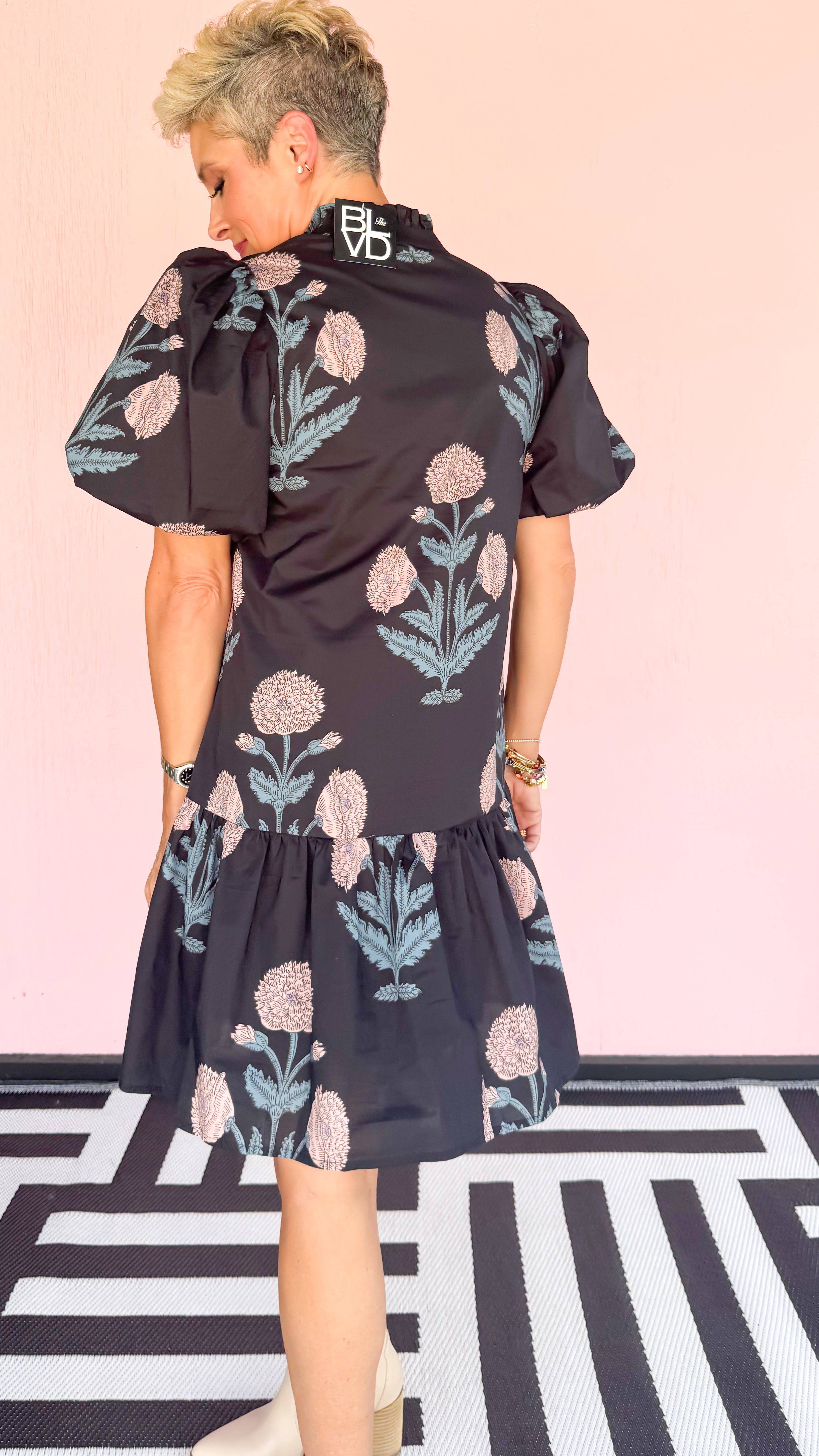 Mum Floral Dress w/Gold Ball Buttons/Navy