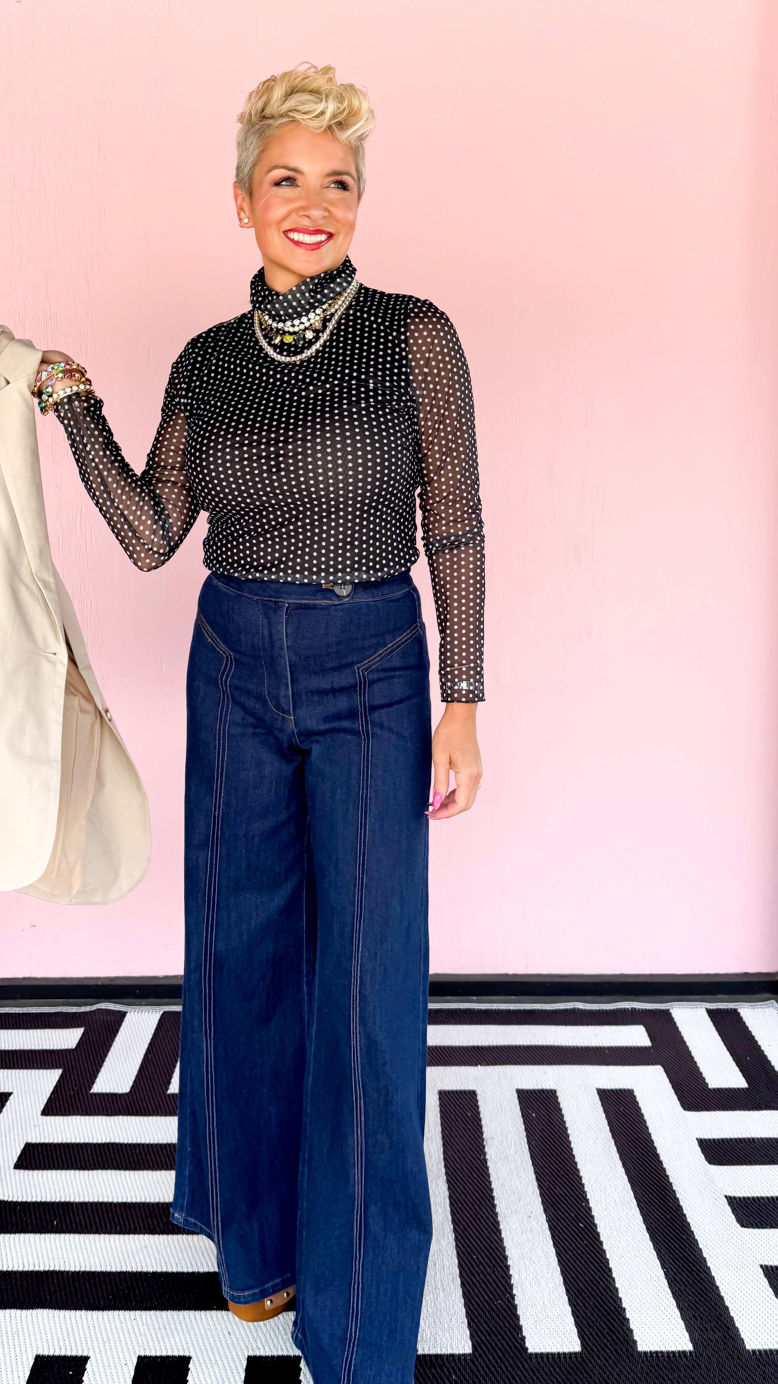 Mesh Polka Dot Turtleneck Top/Black
