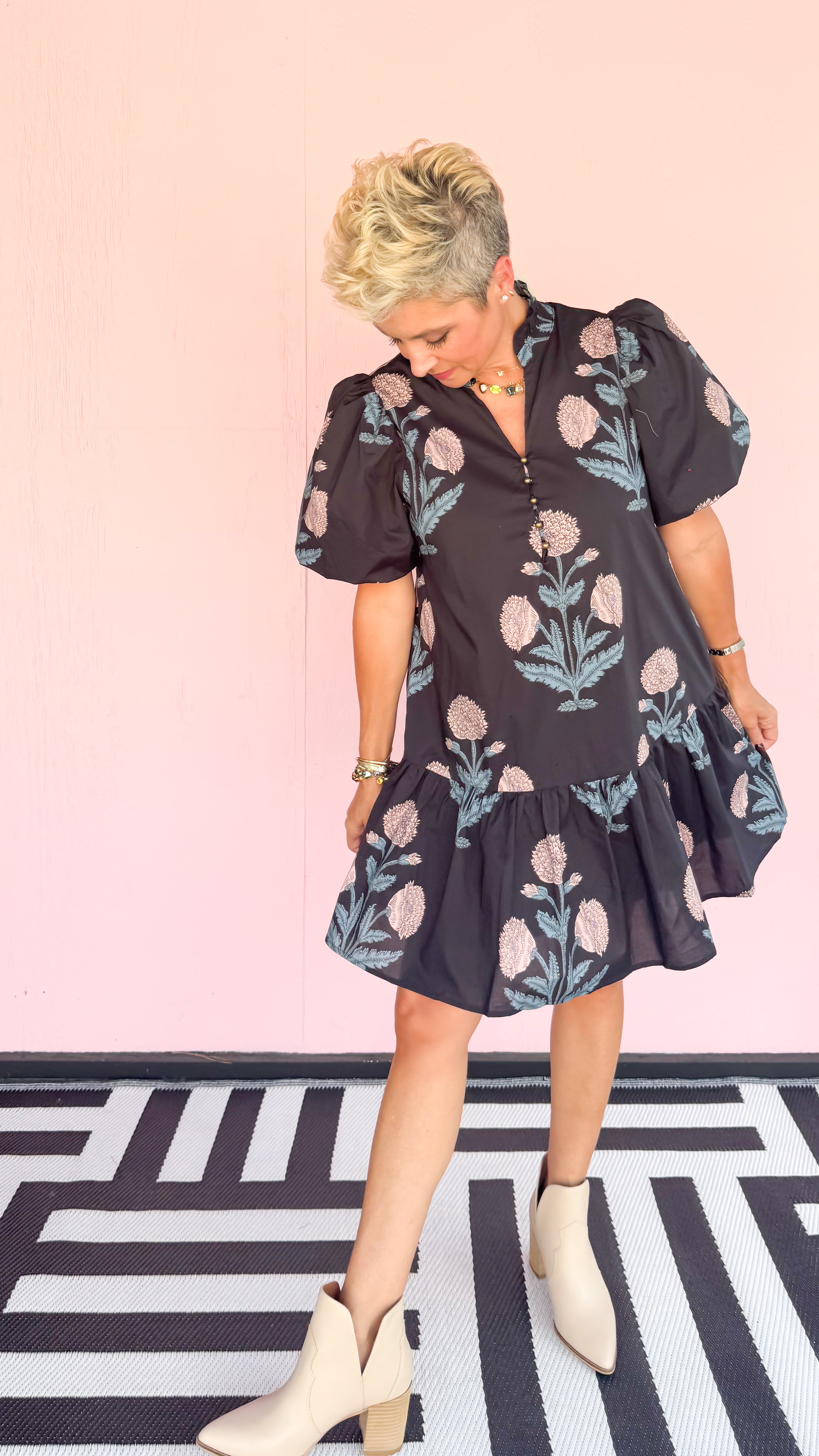 Mum Floral Dress w/Gold Ball Buttons/Navy