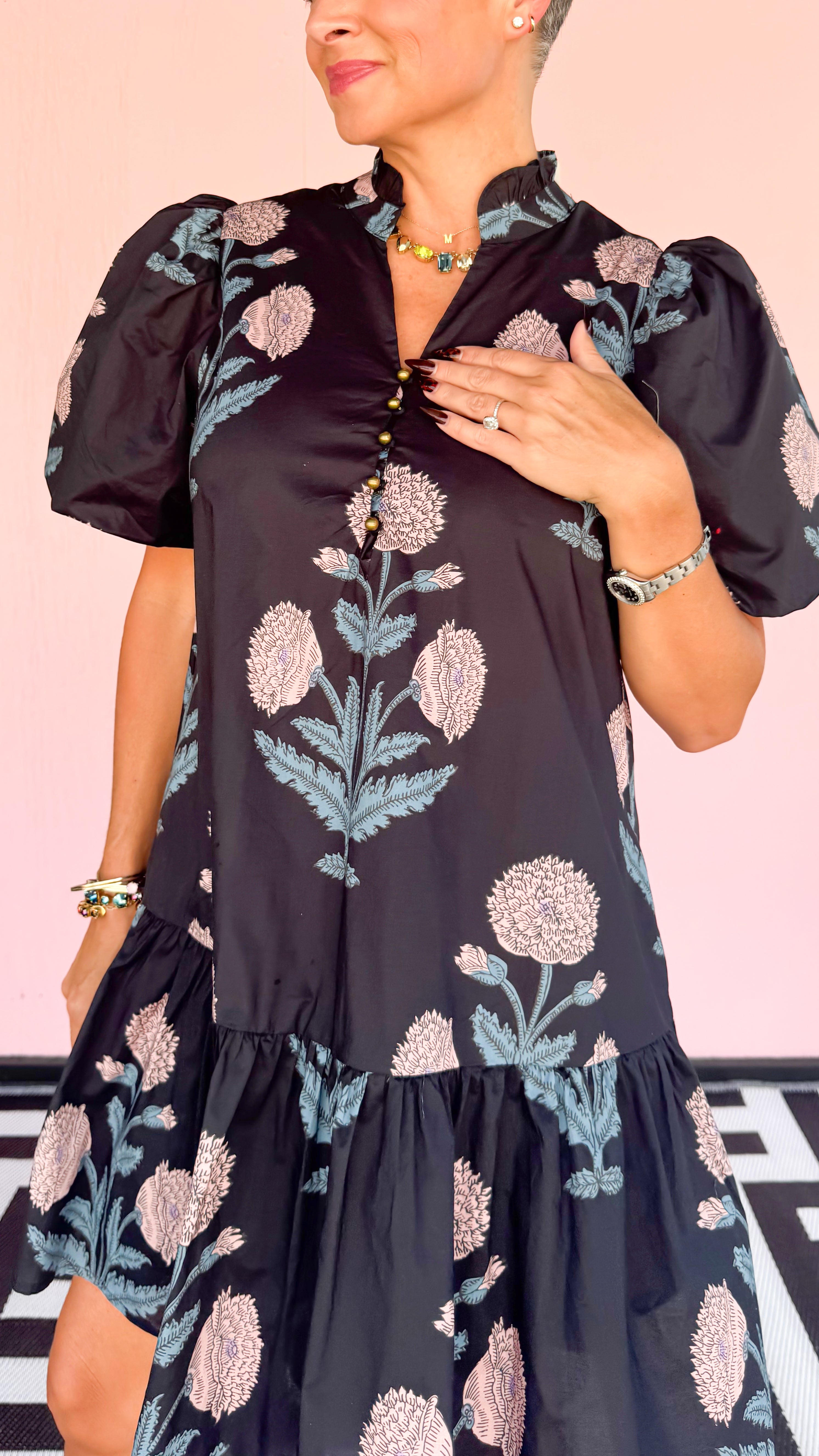 Mum Floral Dress w/Gold Ball Buttons/Navy