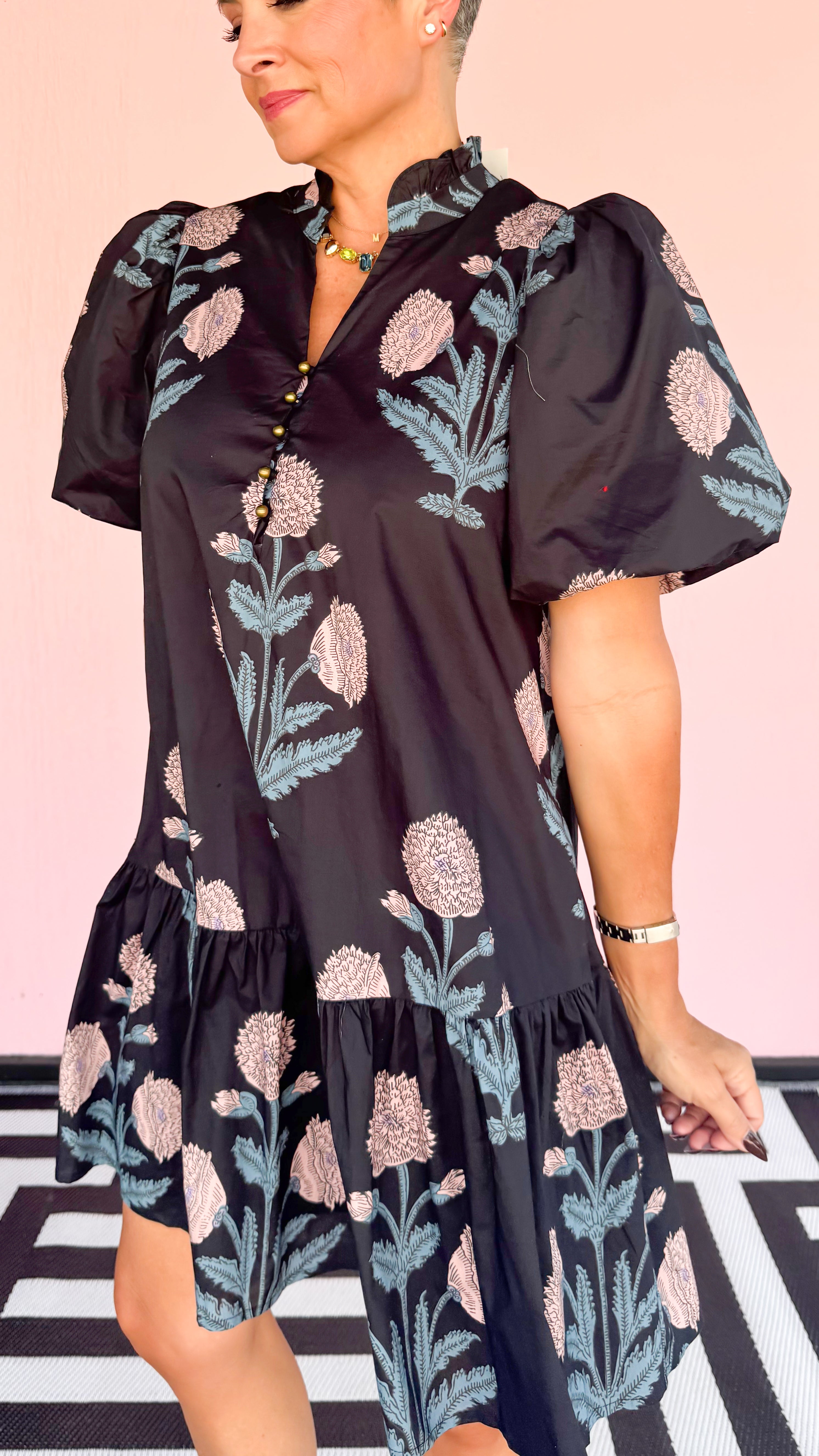 Mum Floral Dress w/Gold Ball Buttons/Navy