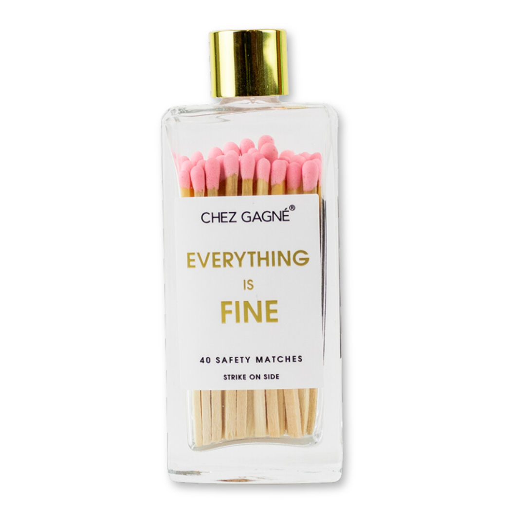 Everything is Fine glass bottle safety matches in pink product photo - front view - BLVD Boutik