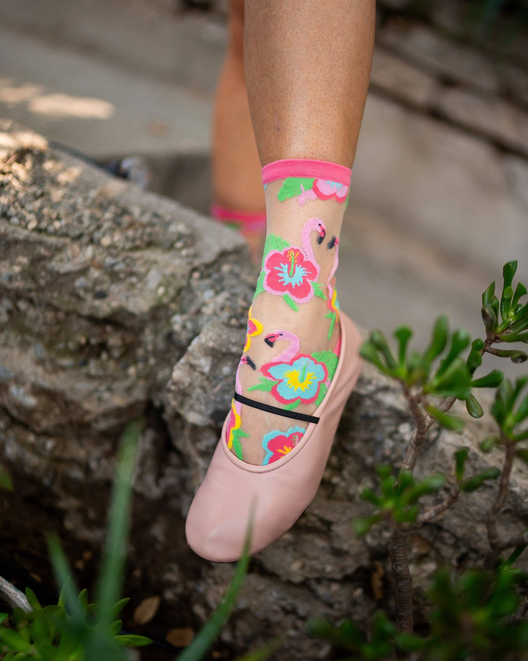 Flamingo Floral sheer crew sock product photo - styled view - BLVD Boutik