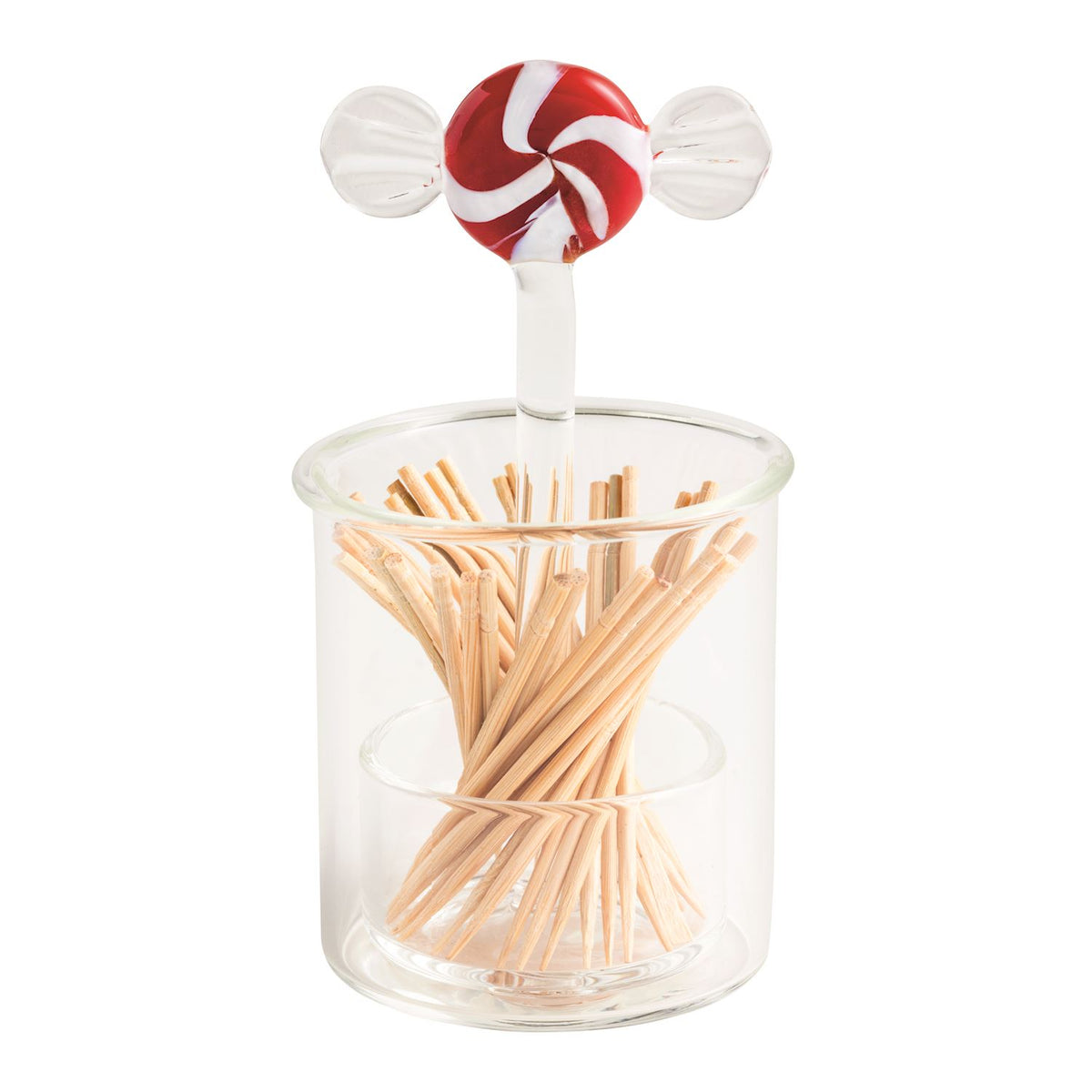 Glass toothpick holder topped with a peppermint candy motif, full view