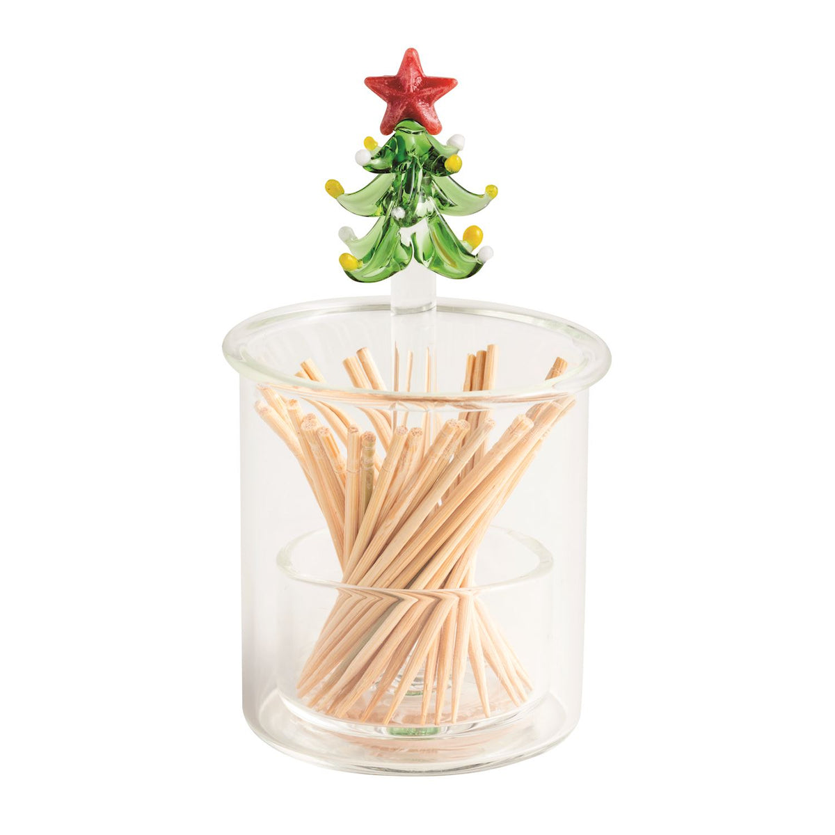 Glass toothpick holder topped with a Christmas tree, full view