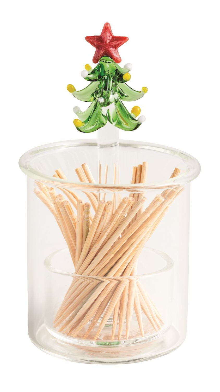 Glass toothpick holder topped with a Christmas tree, front view