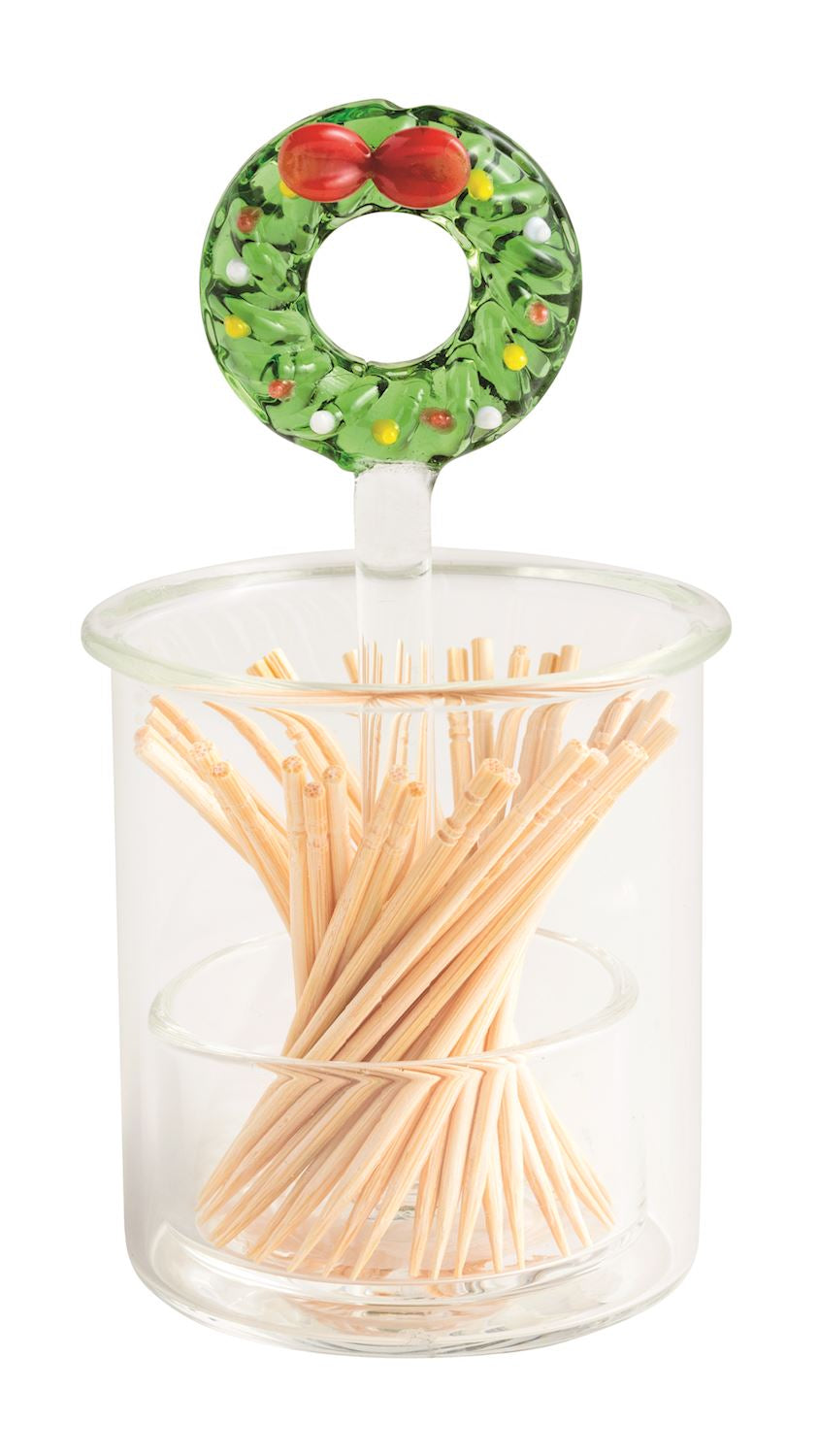 Glass toothpick holder topped with a holiday wreath, front view