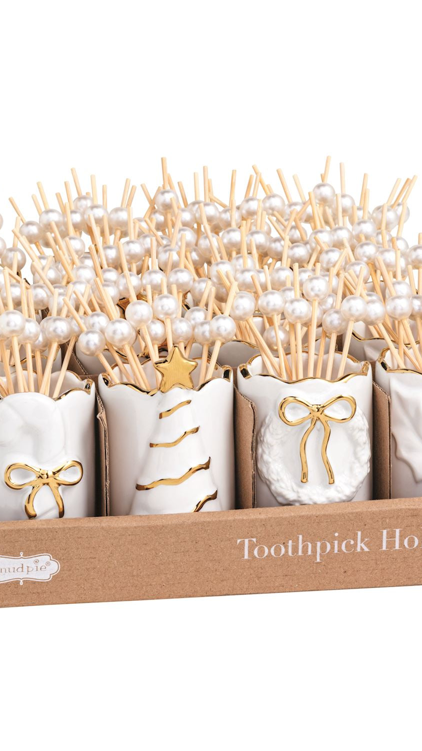 Gold-finish holly toothpick holder, front view