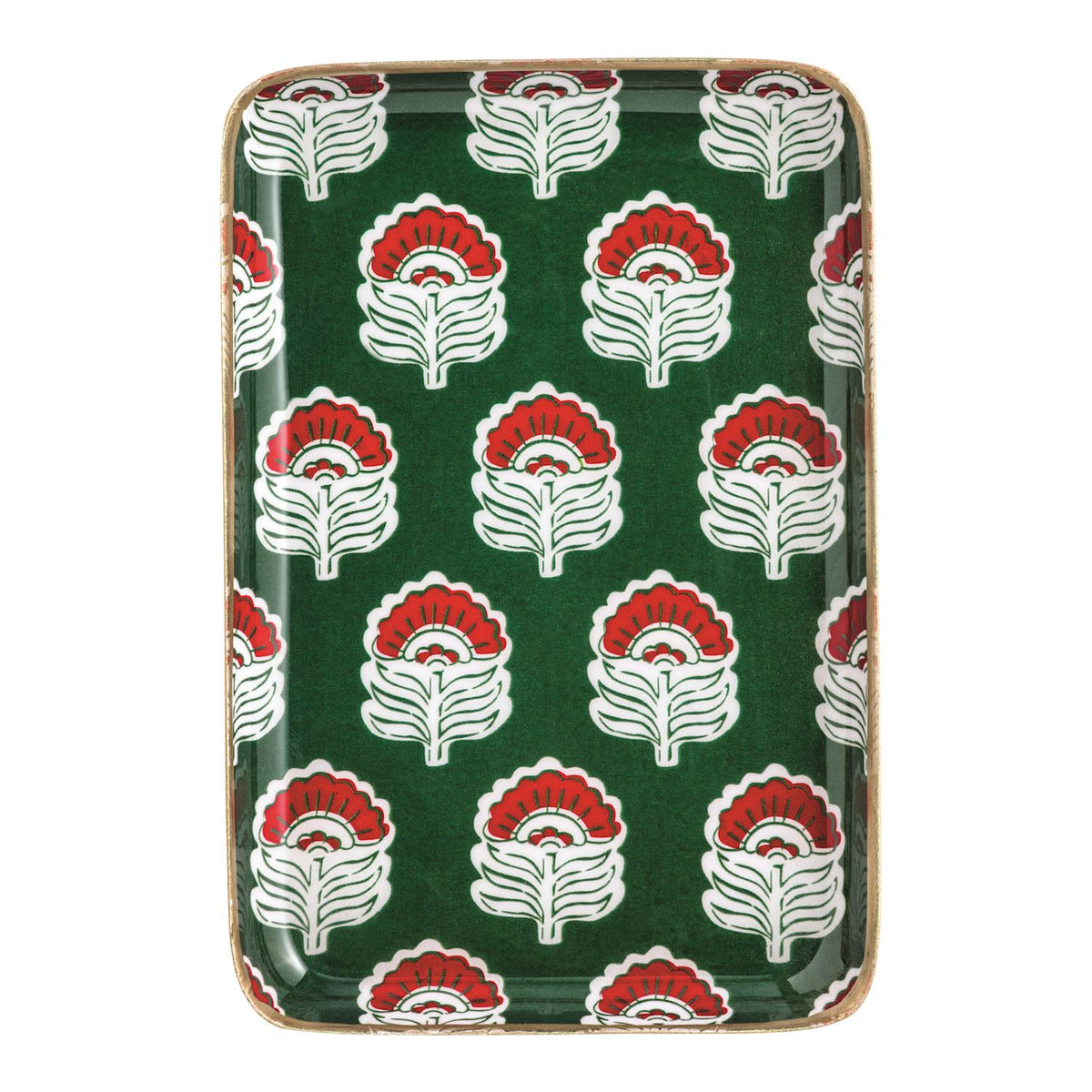 Green print Christmas tidbit plate, full view