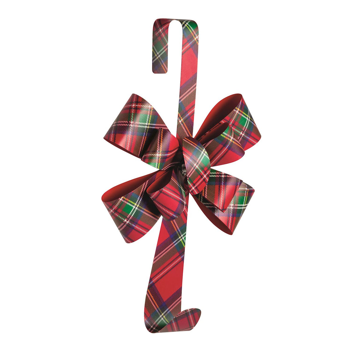 Metal over-the-door wreath hanger with a tartan bow, full view