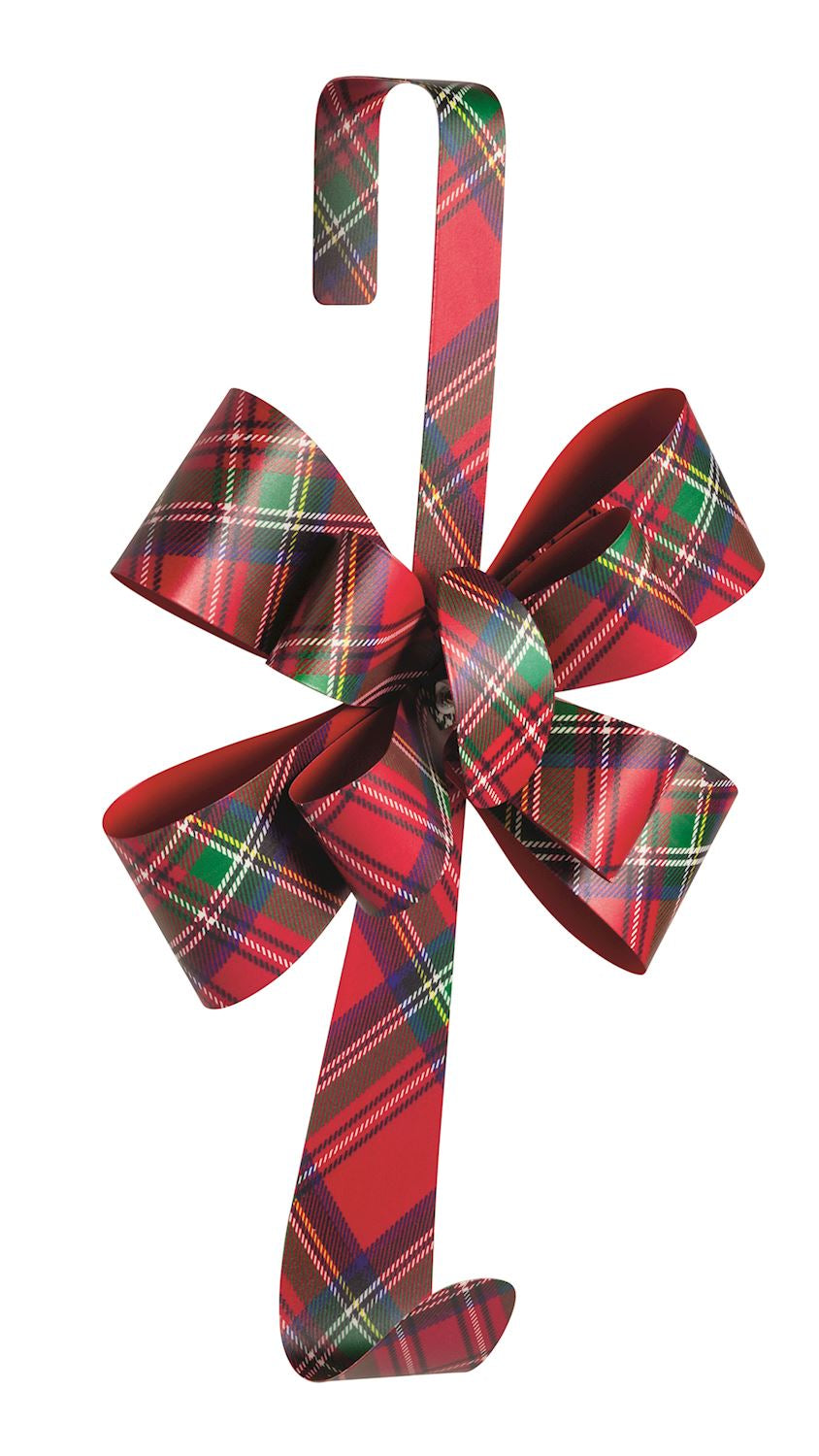 Metal over-the-door wreath hanger with a tartan bow, front view