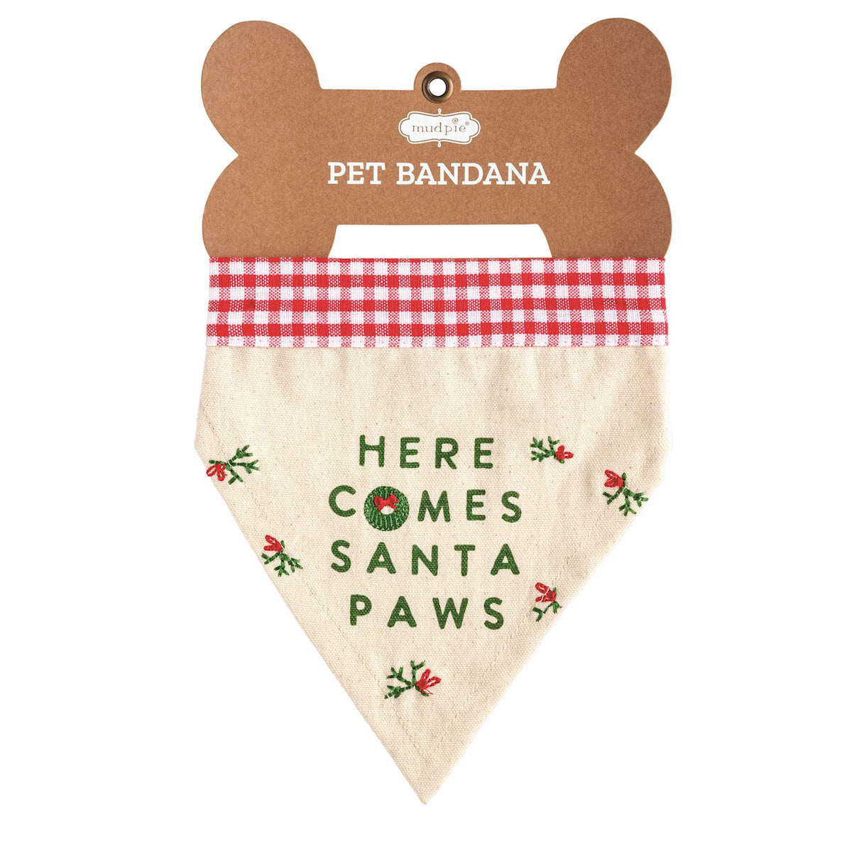 Here Comes Santa embroidered holiday pet bandana, full view
