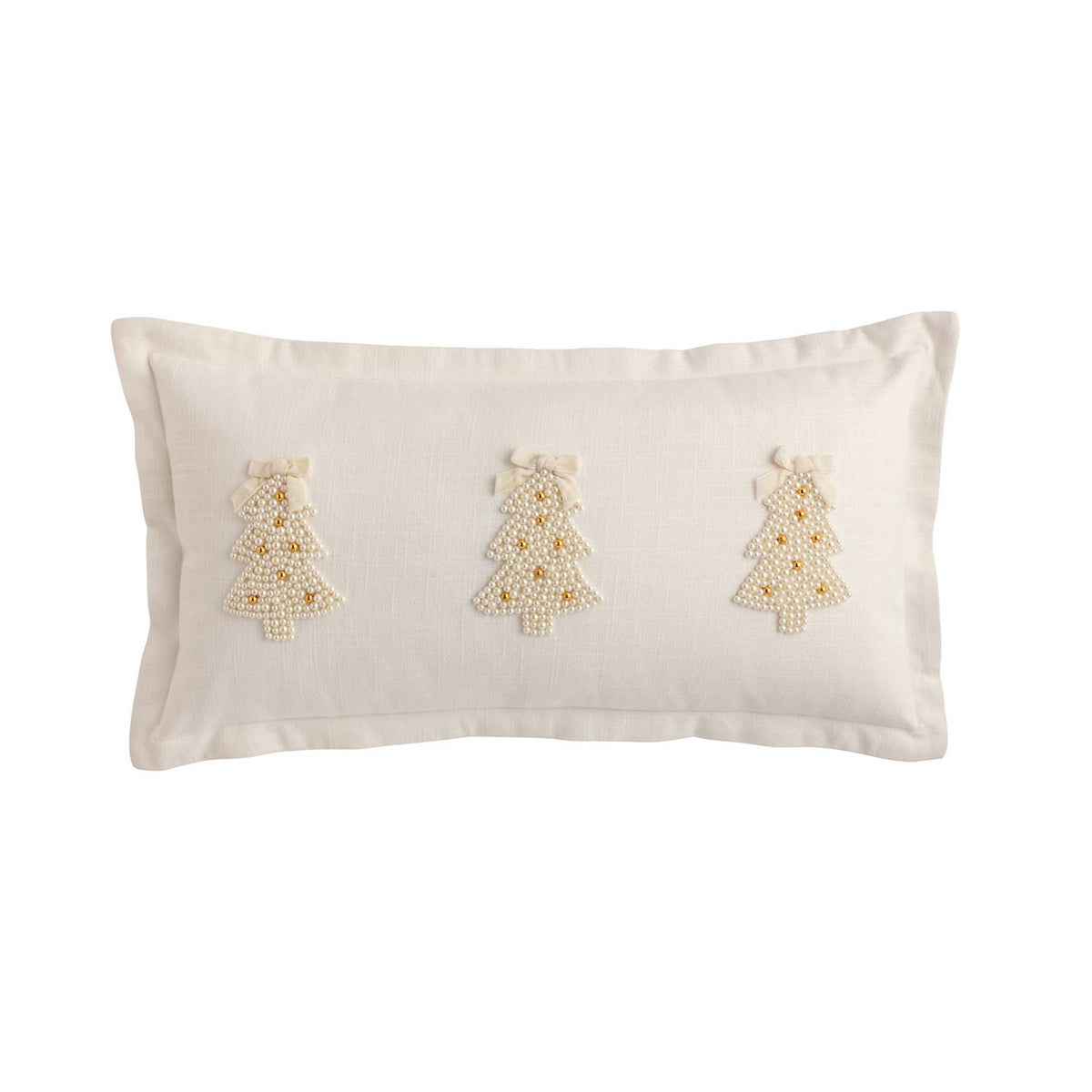 Holiday throw pillow with pearl-embroidered Christmas trees, full view