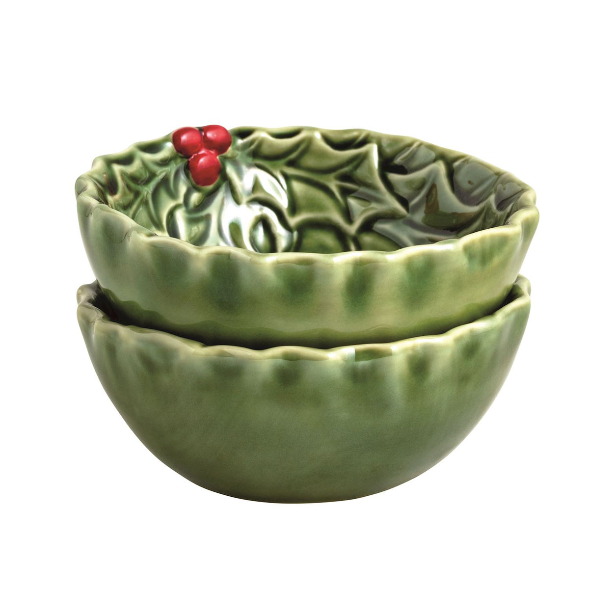 Holly-trimmed ceramic tidbit dish, full view