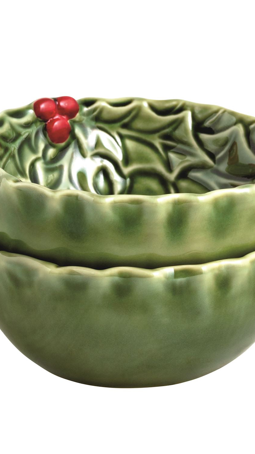 Holly-trimmed ceramic tidbit dish, front view