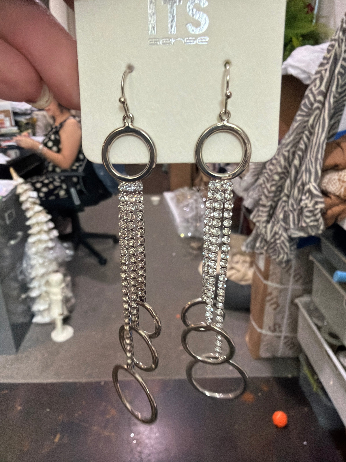 SW Trading Rhinestone Fringe & Hoop Earrings, silver, rhinestone chain fringe with hoops, front view on card