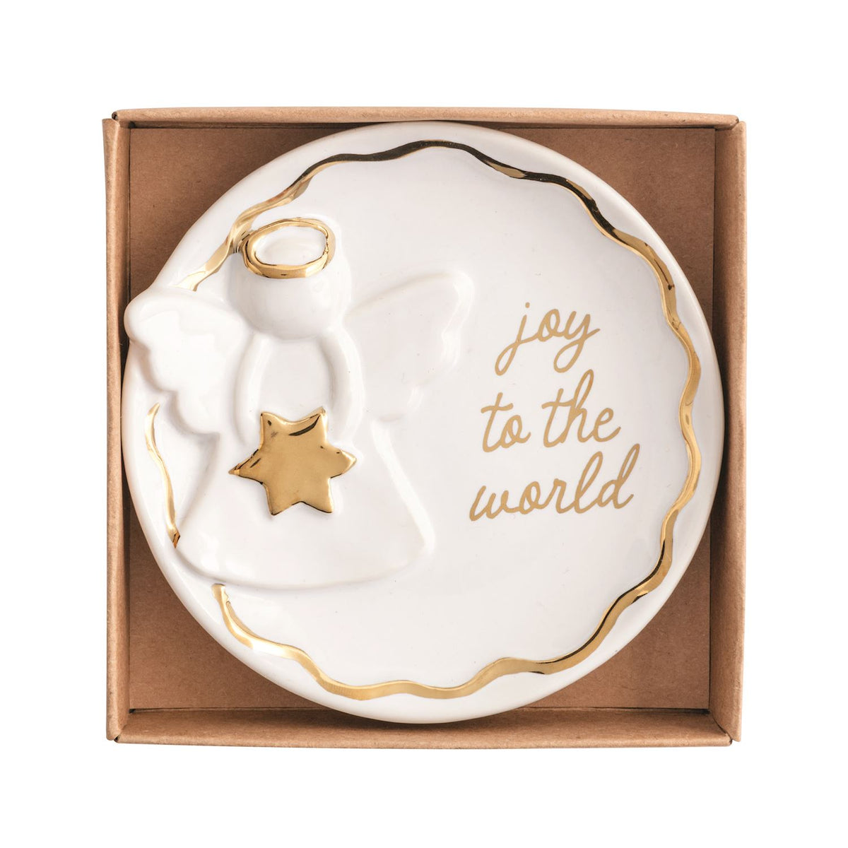 Gold trinket dish with an angel motif, full view