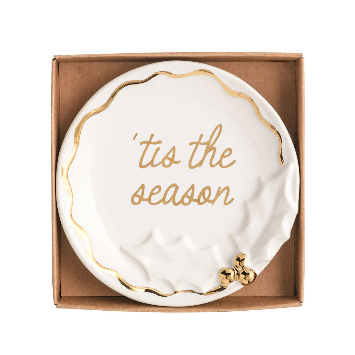 Gold trinket dish trimmed with holly, full view