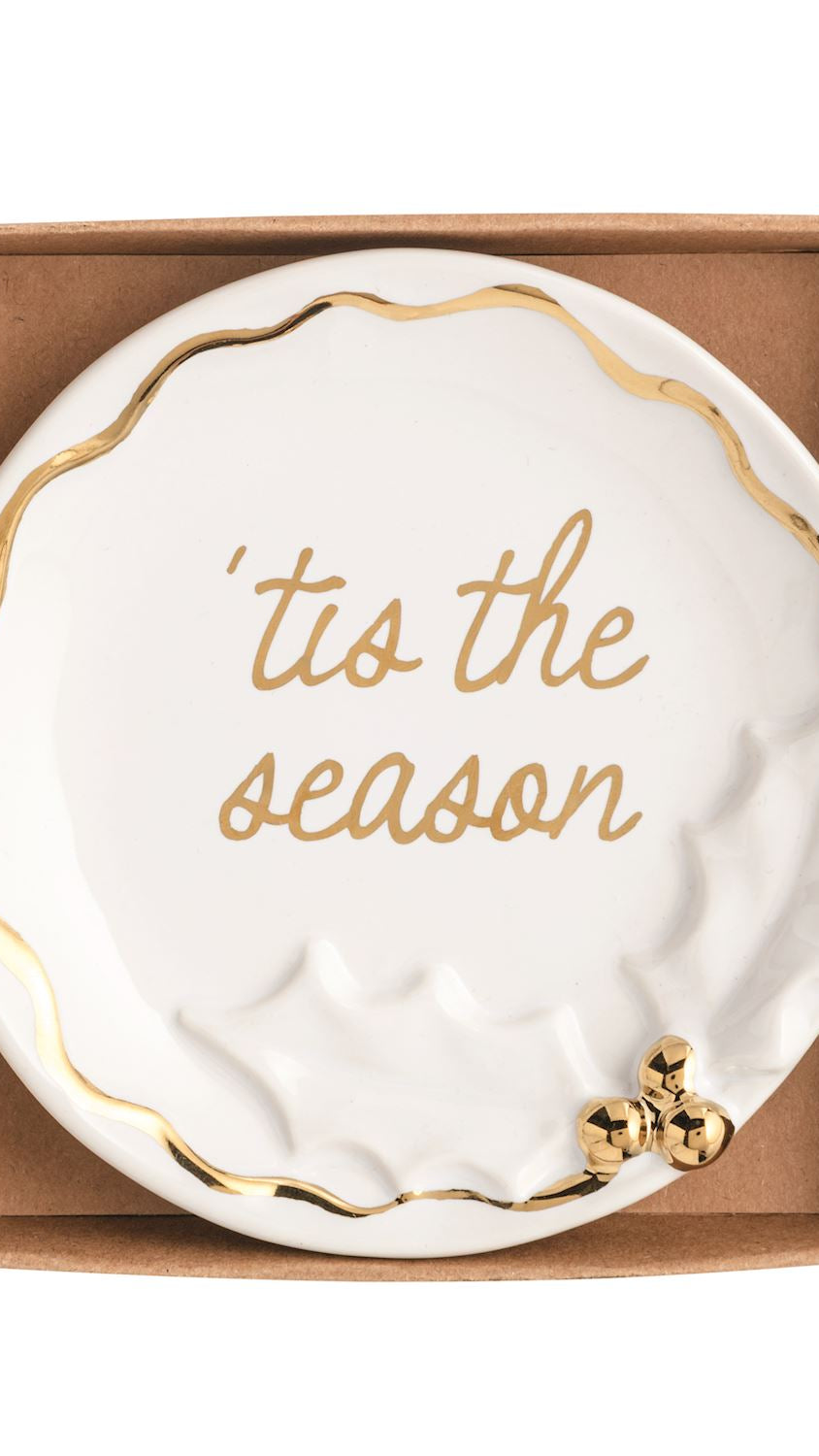 Gold trinket dish trimmed with holly, front view