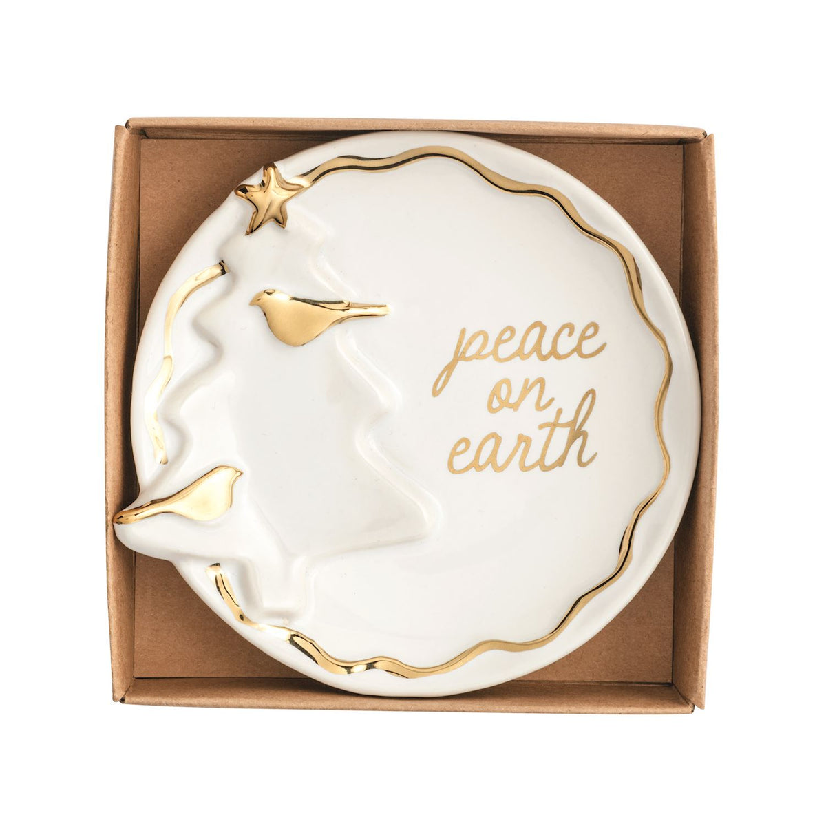 Gold trinket dish with a Christmas tree motif, full view