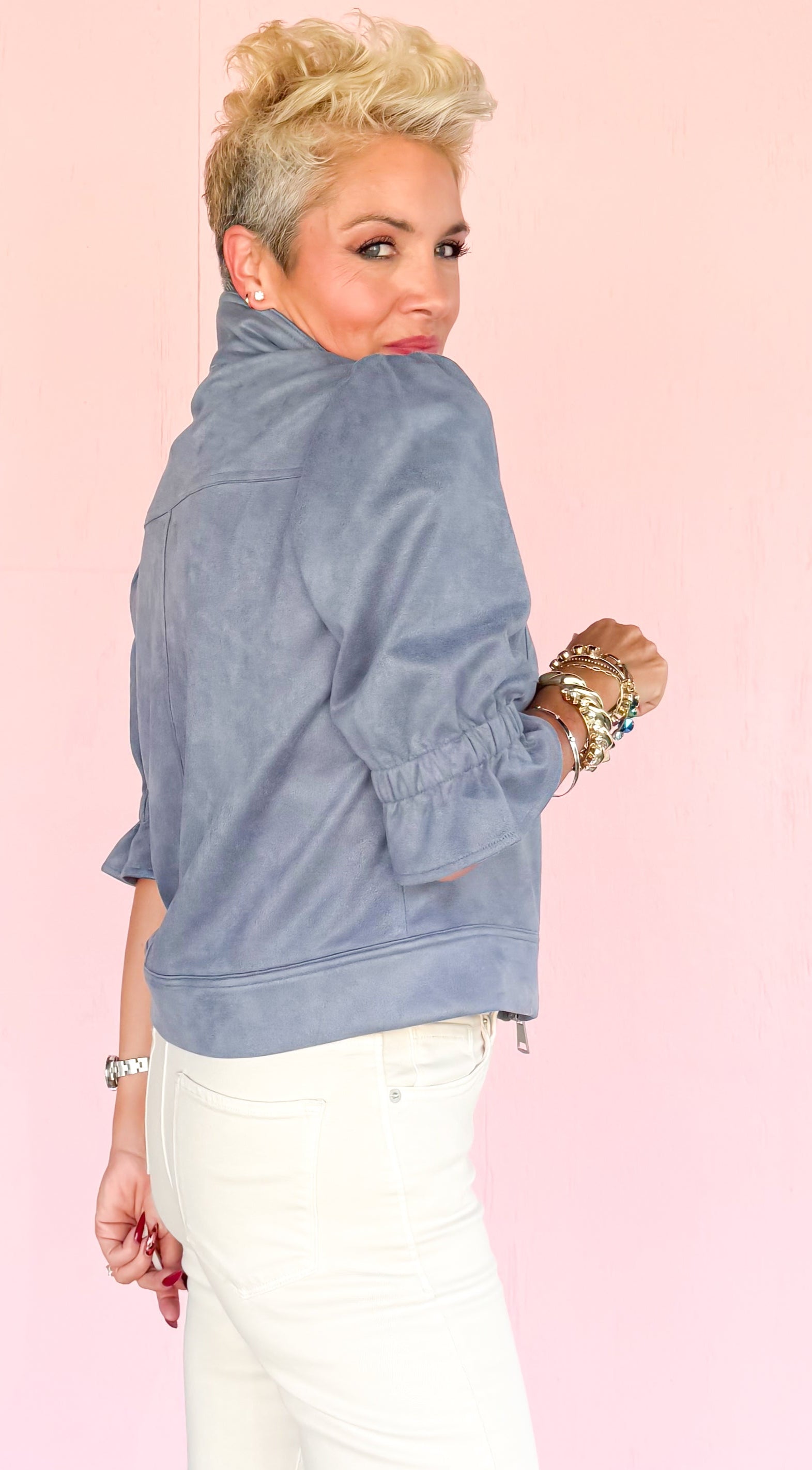 Cropped Suede Jacket 3/4 Sleeve/Blue