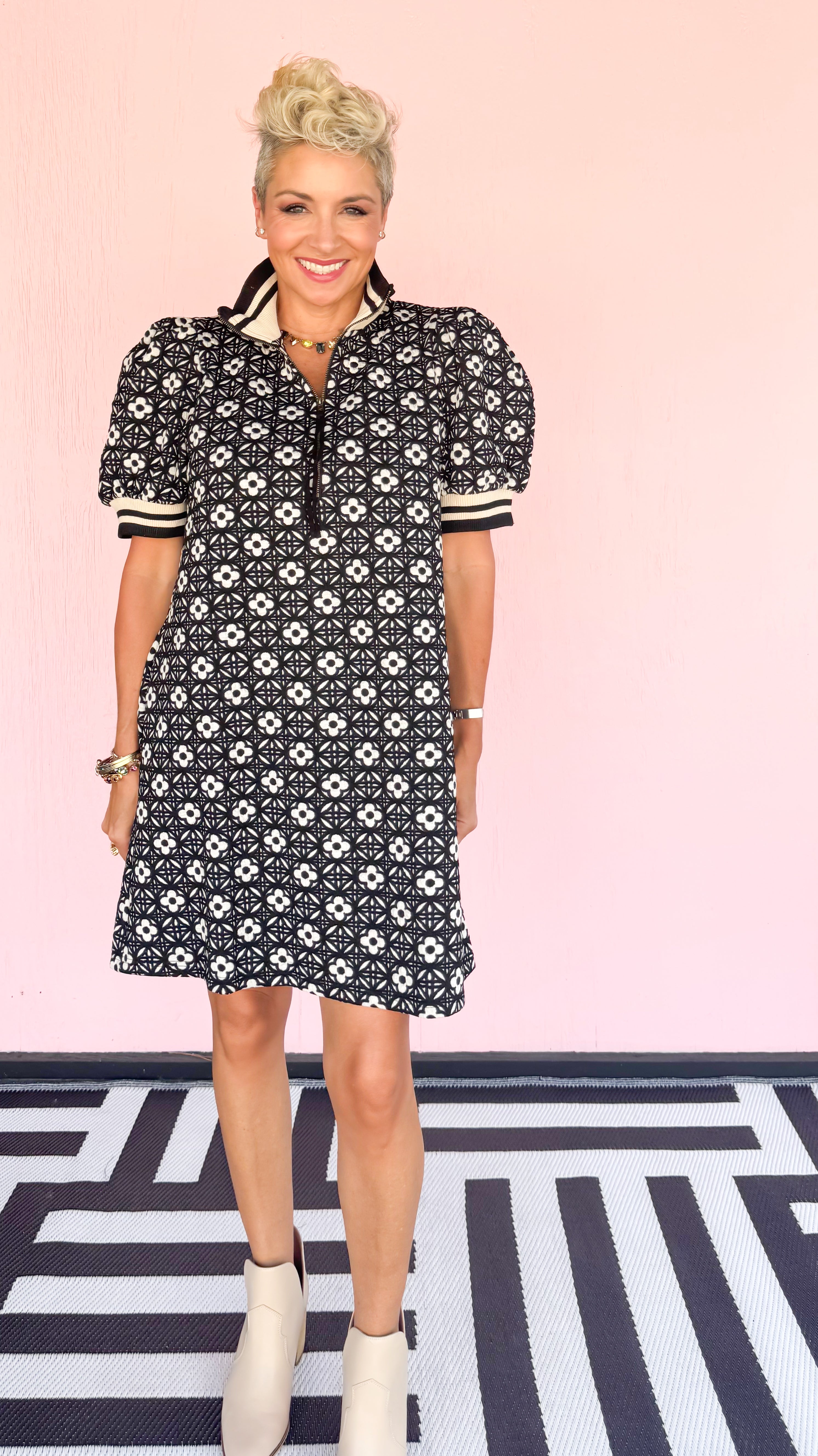 Clover Knit Half Zip Short Dress/Black