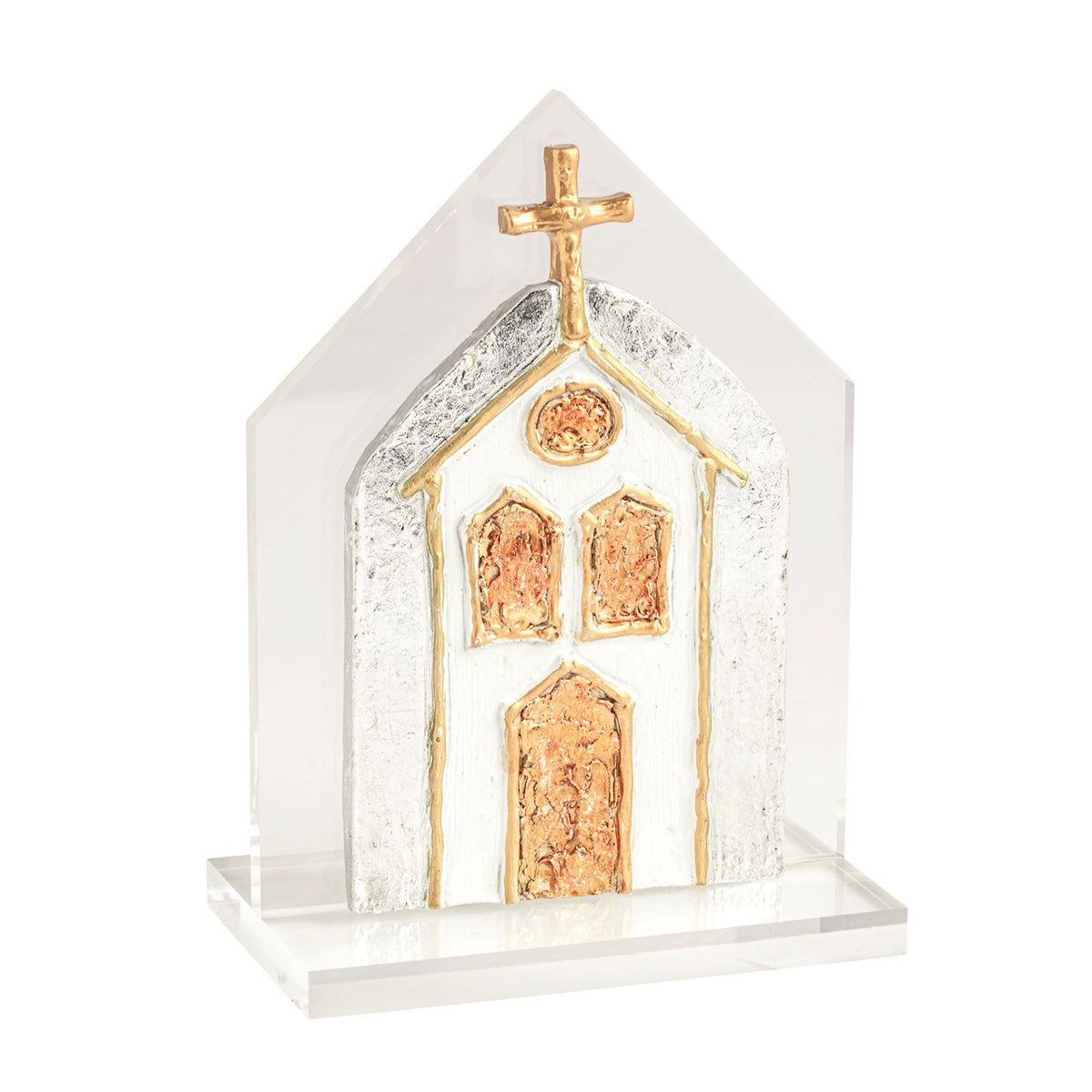 Layered acrylic church in gold over silver, full view
