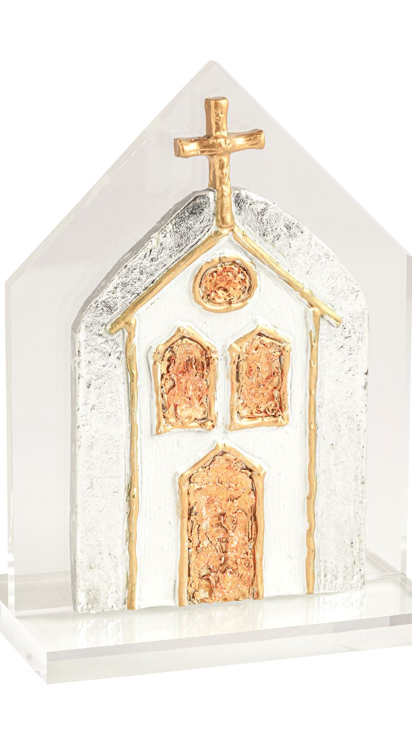 Layered acrylic church in gold over silver, front view