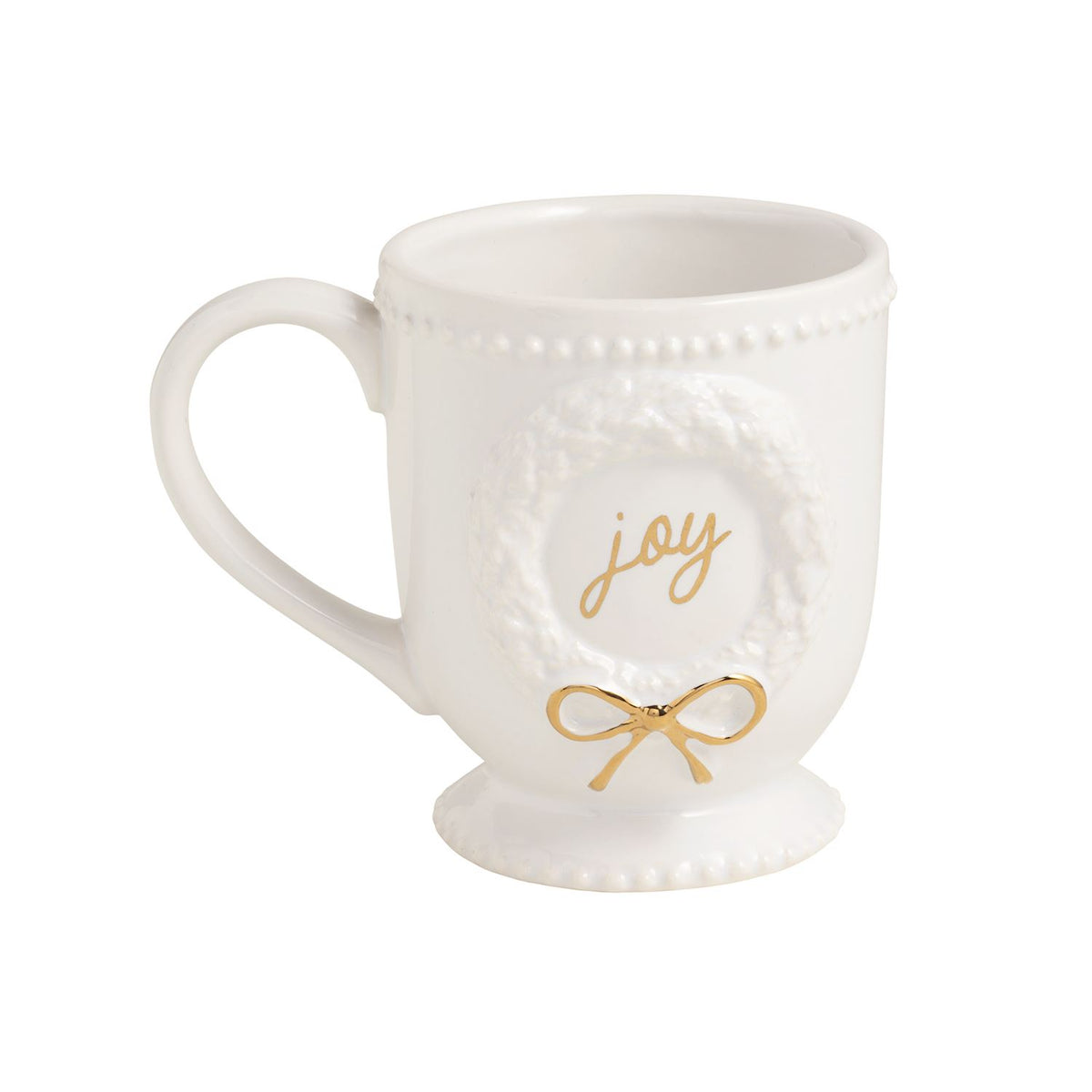 Ceramic mug with gold Joy lettering, full view