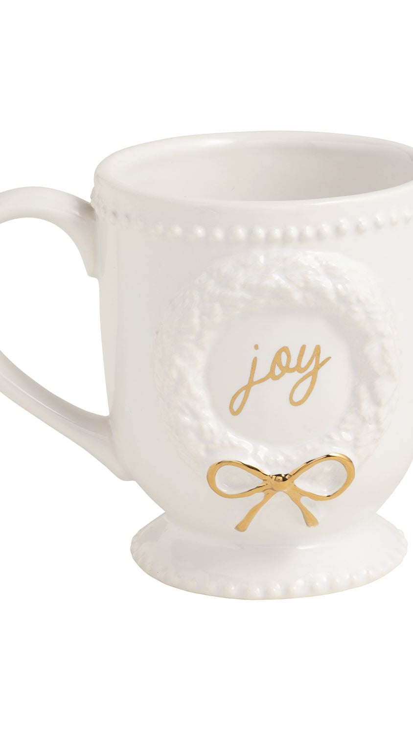 Ceramic mug with gold Joy lettering, front view