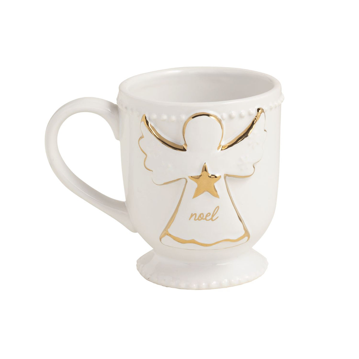 Ceramic mug with gold Noel lettering, full view