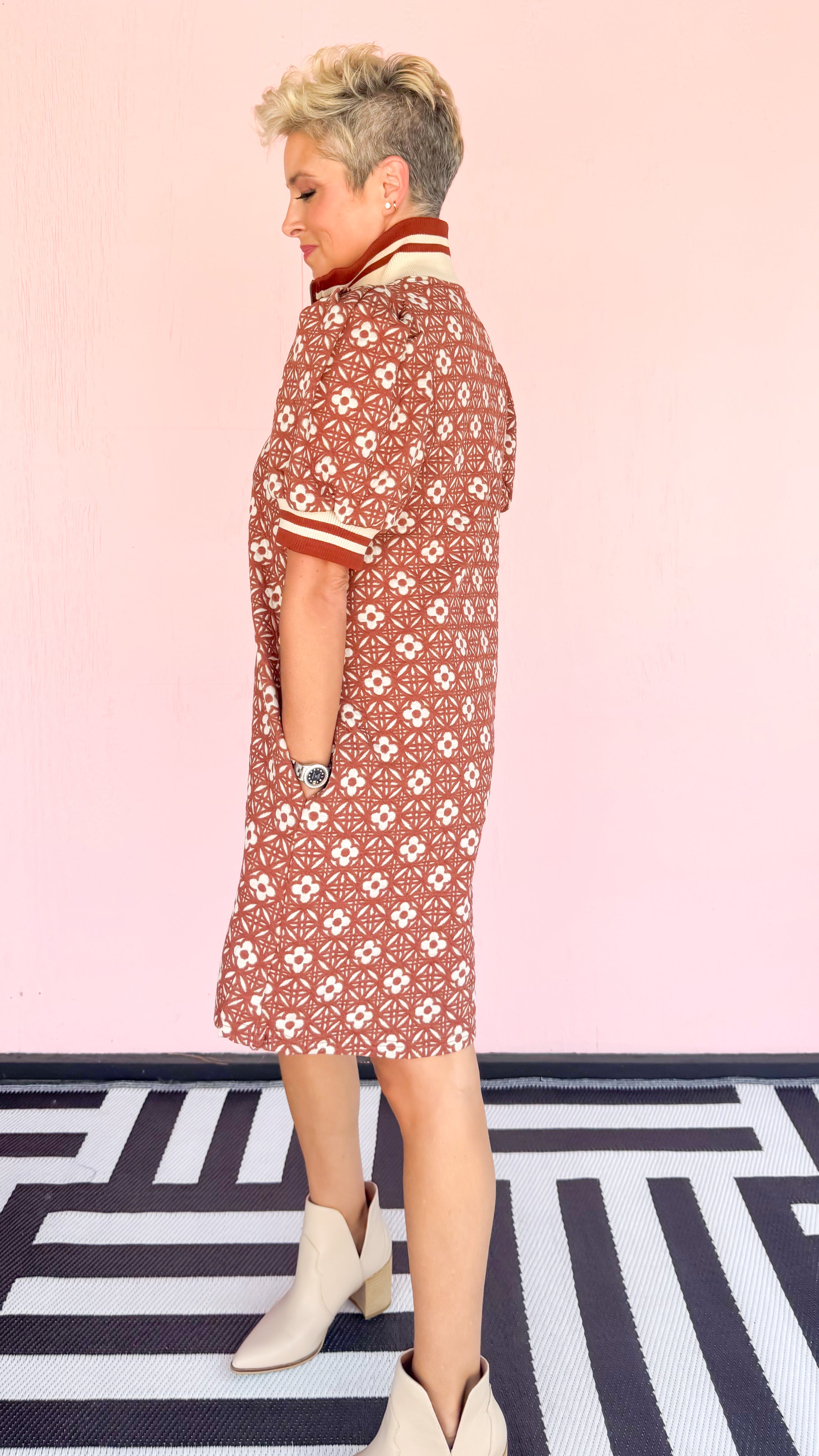 Clover Knit Half Zip Short Dress/Rust