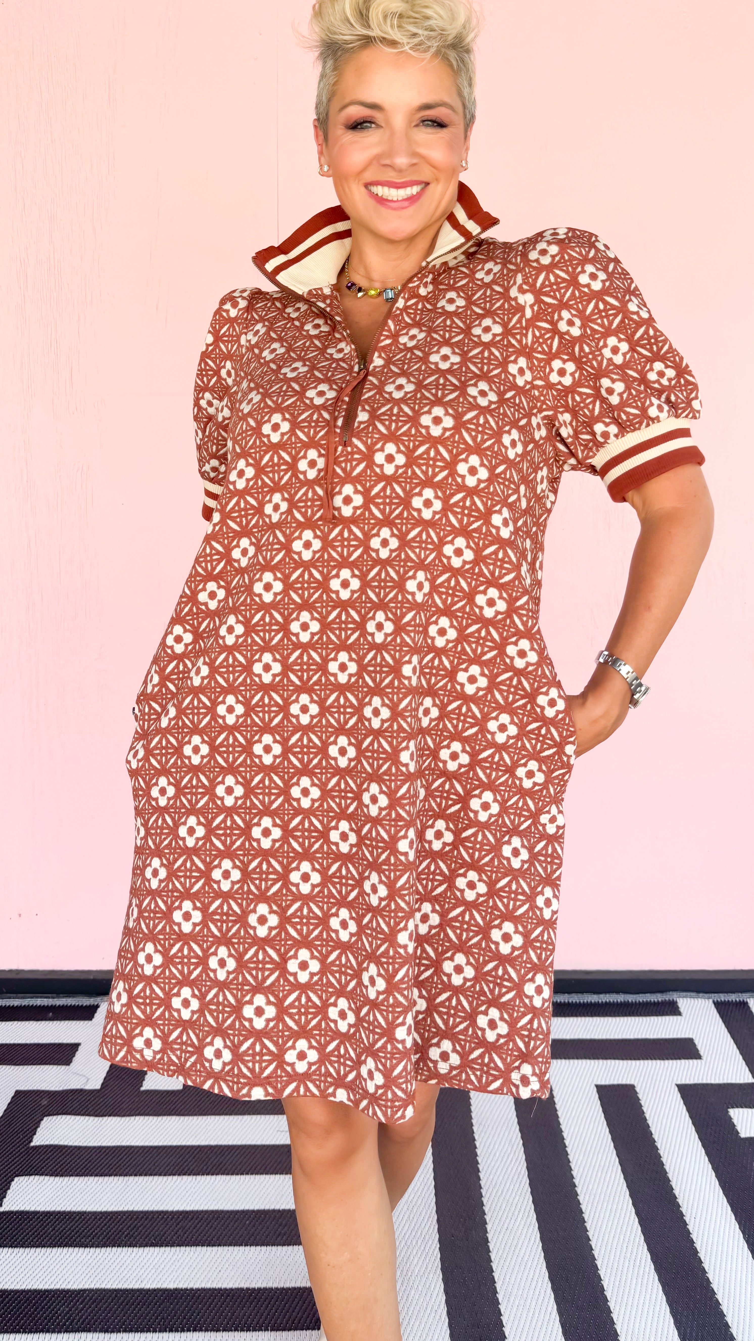Clover Knit Half Zip Short Dress/Rust