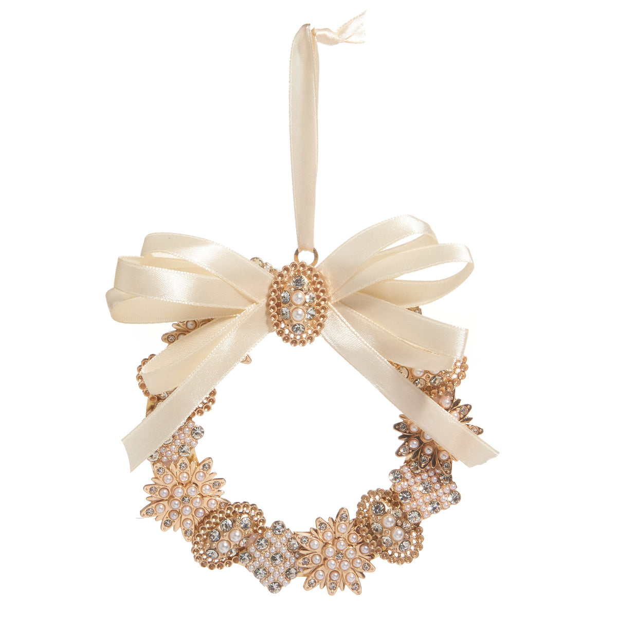 4.5 inch vintage brooch wreath ornament with pearls and jewels, full view