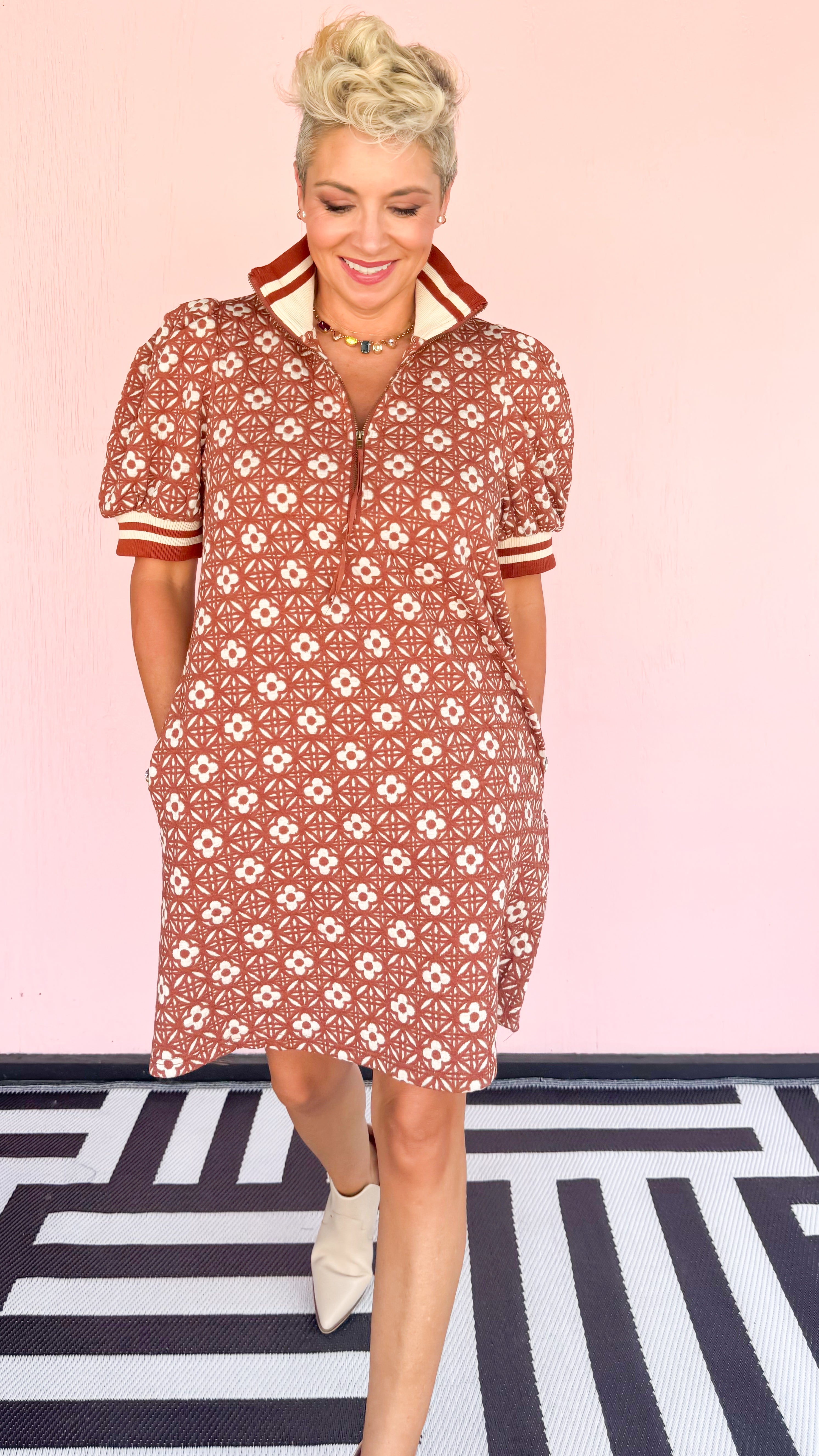 Clover Knit Half Zip Short Dress/Rust