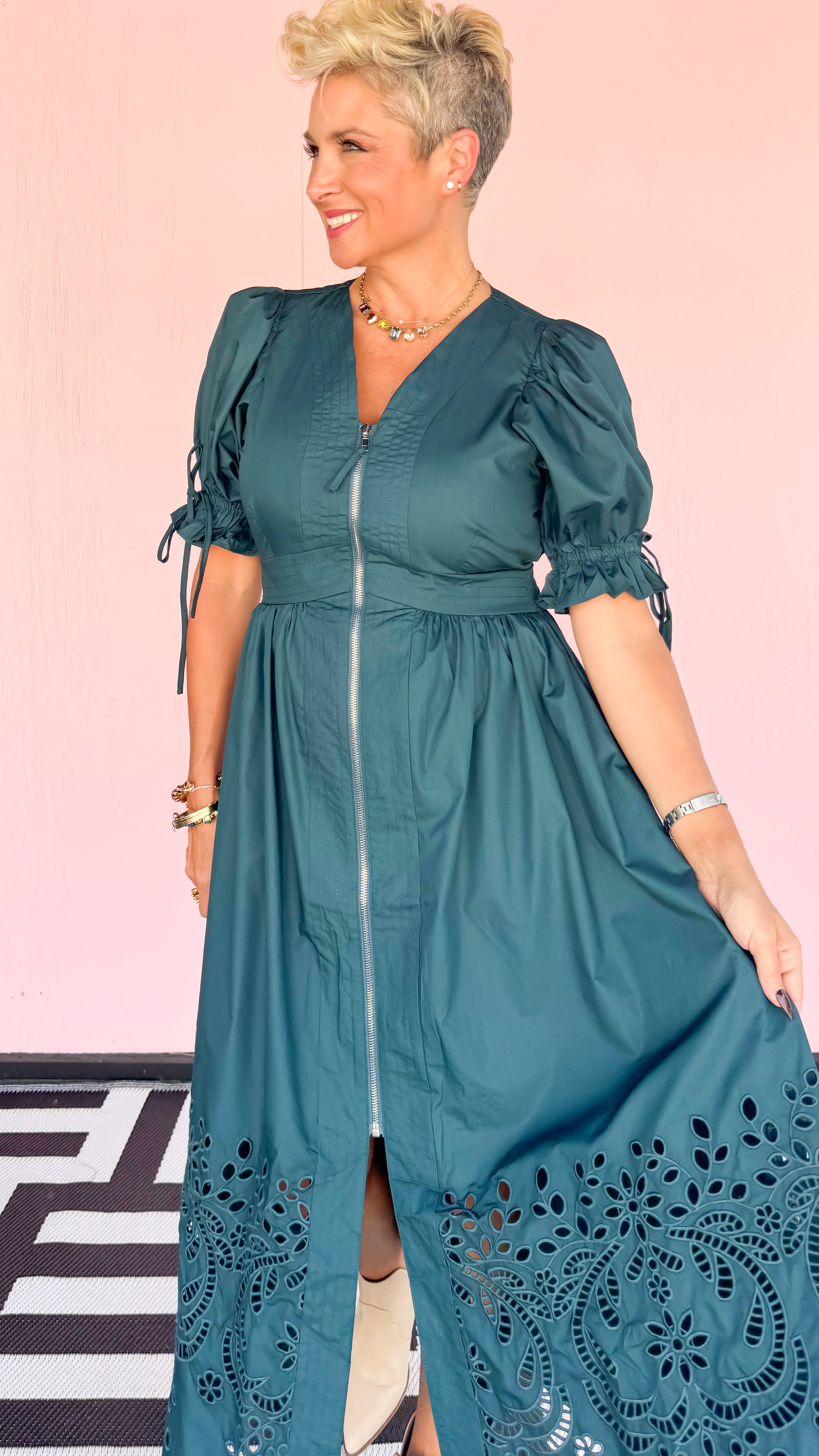 Zip Dress Eyelet Trim/Teal