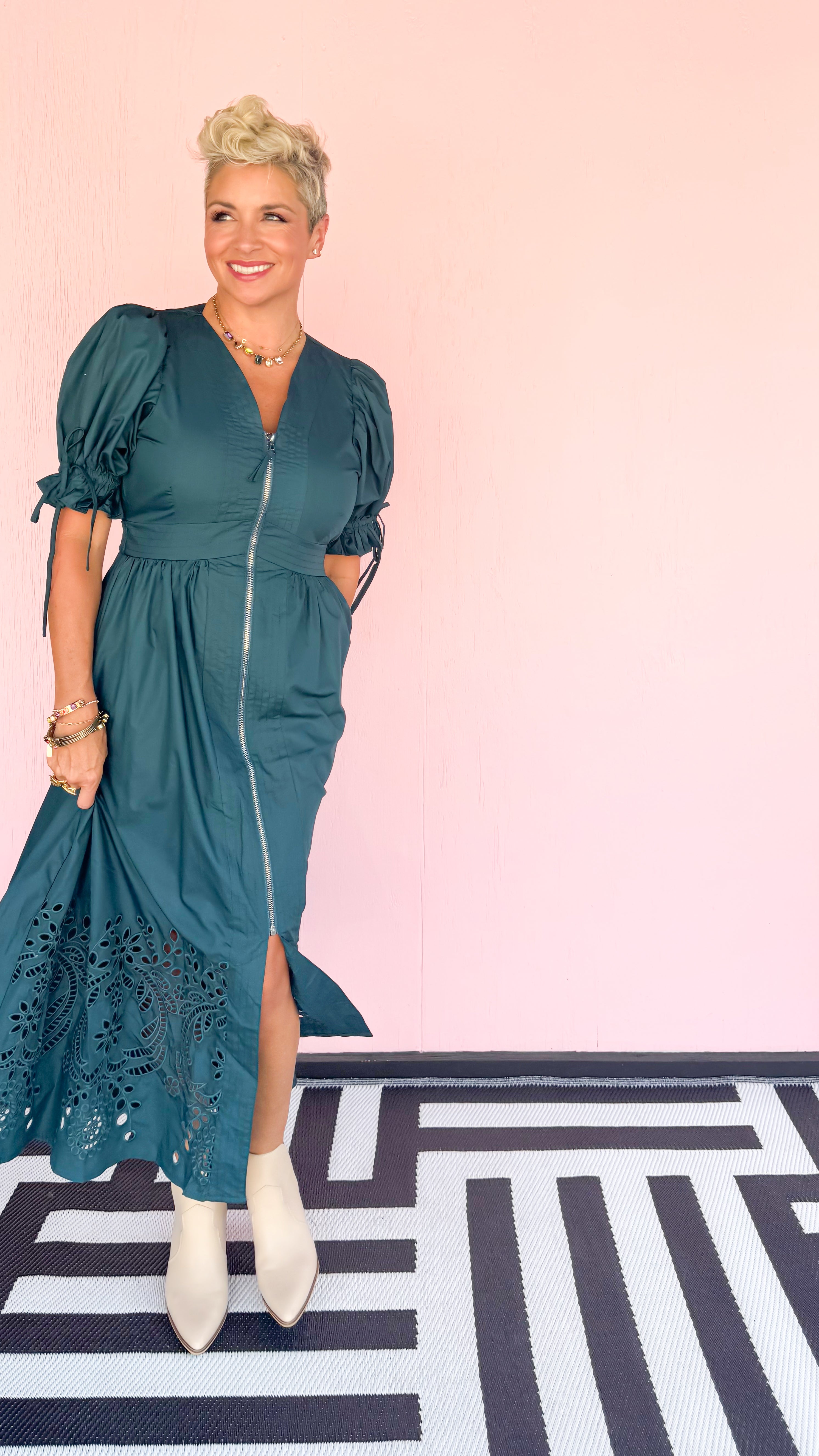Zip Dress Eyelet Trim/Teal