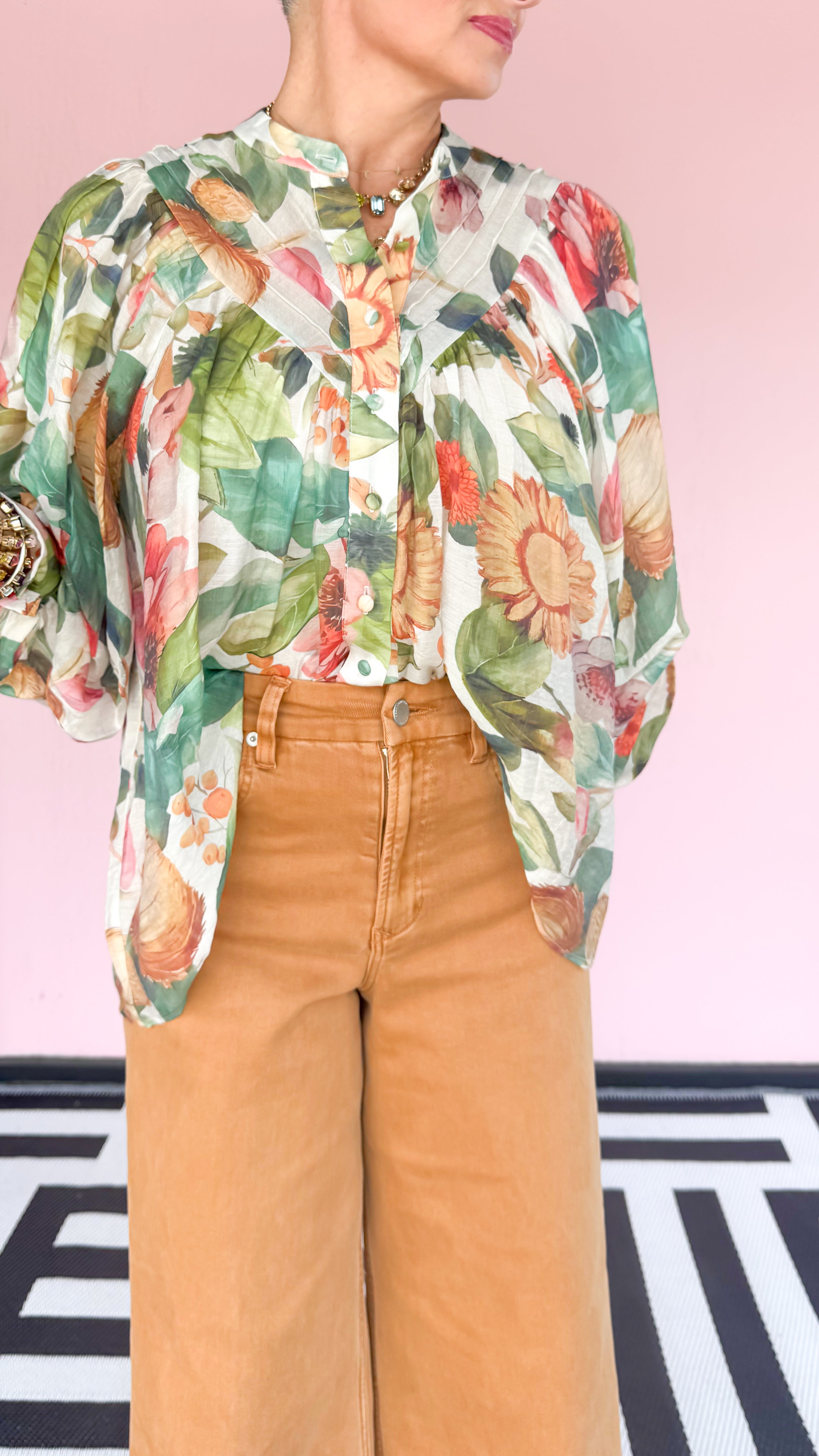 Forest Bloom Button Down Top/Green