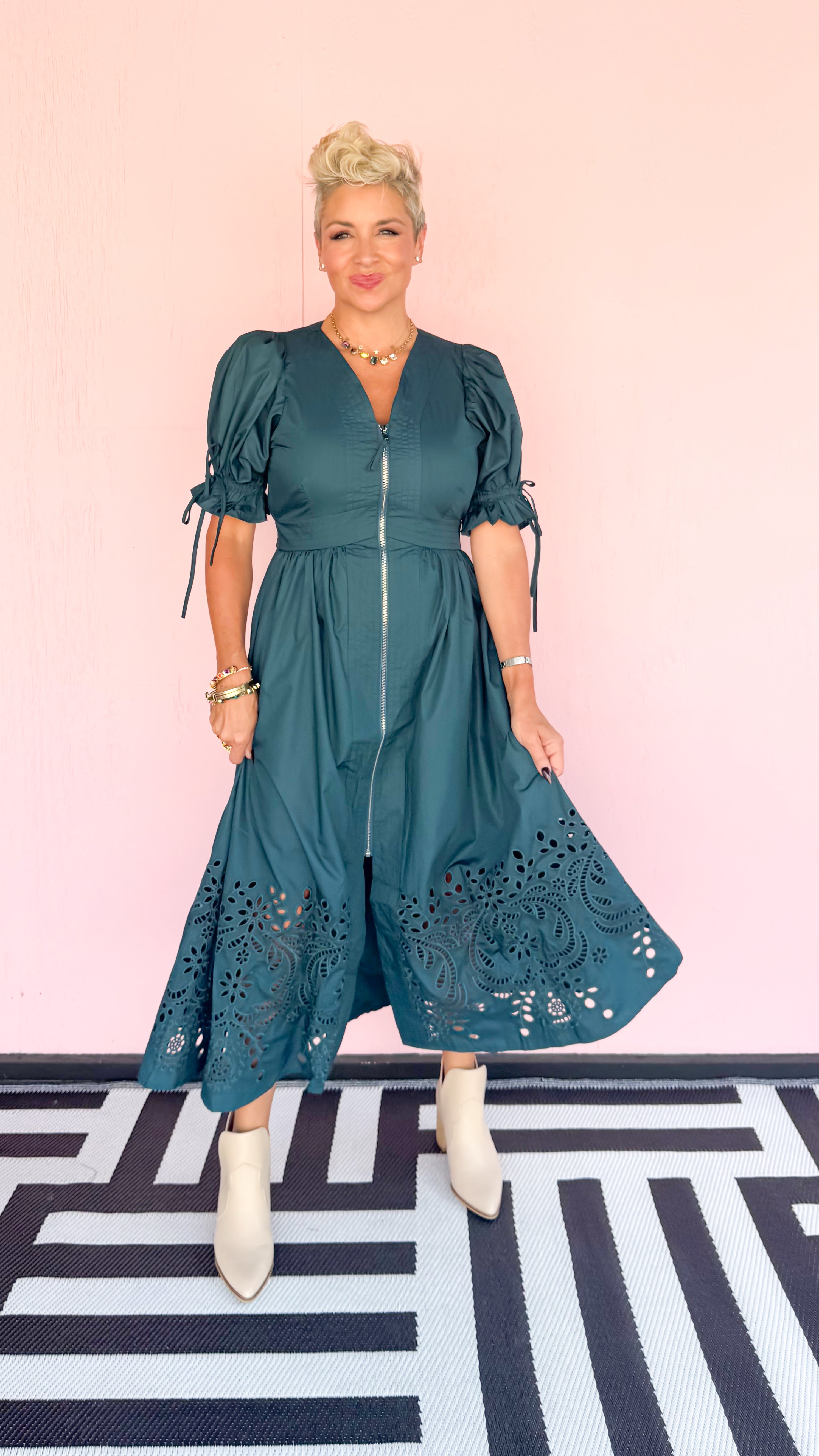 Zip Dress Eyelet Trim/Teal