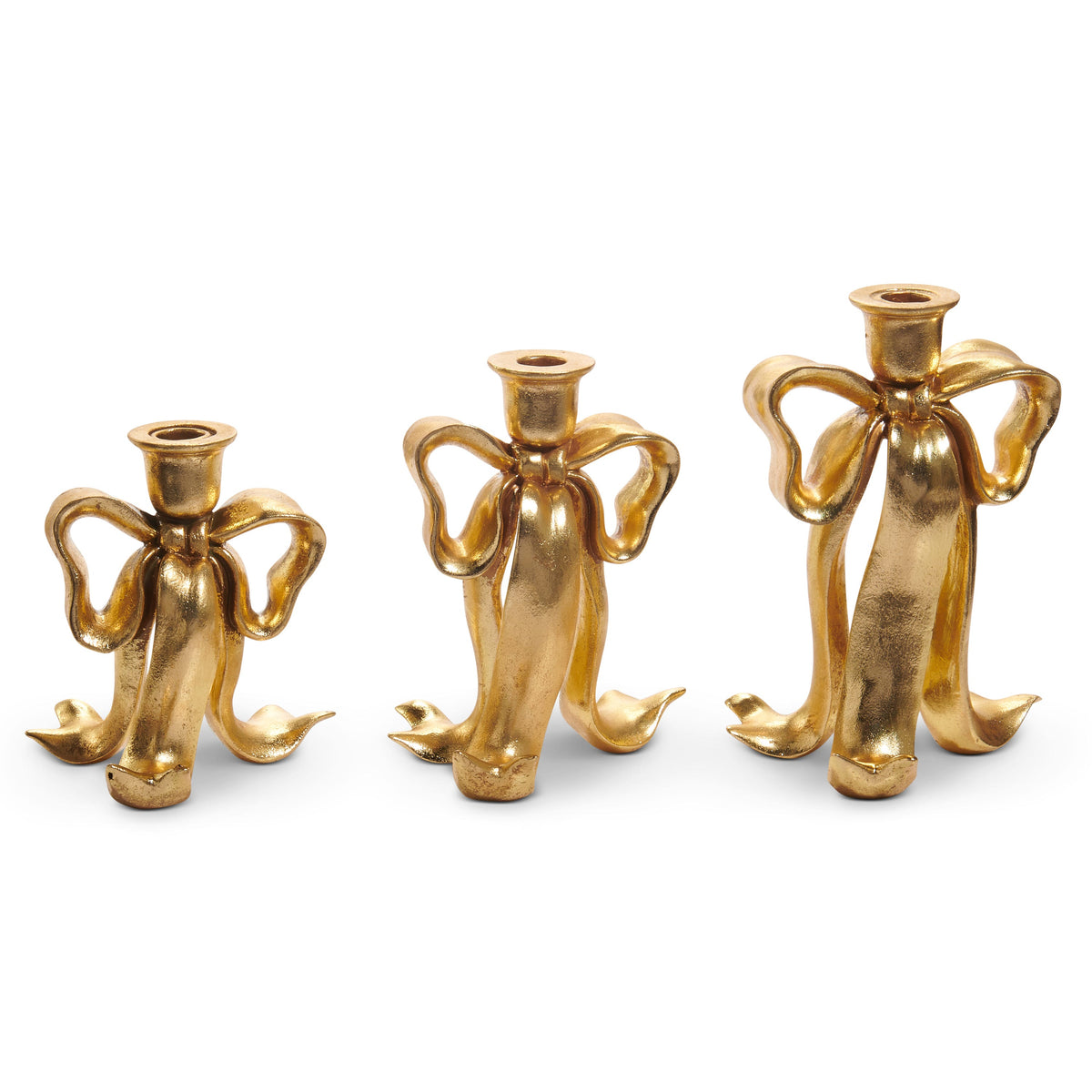 Gold bow taper candlesticks, full view