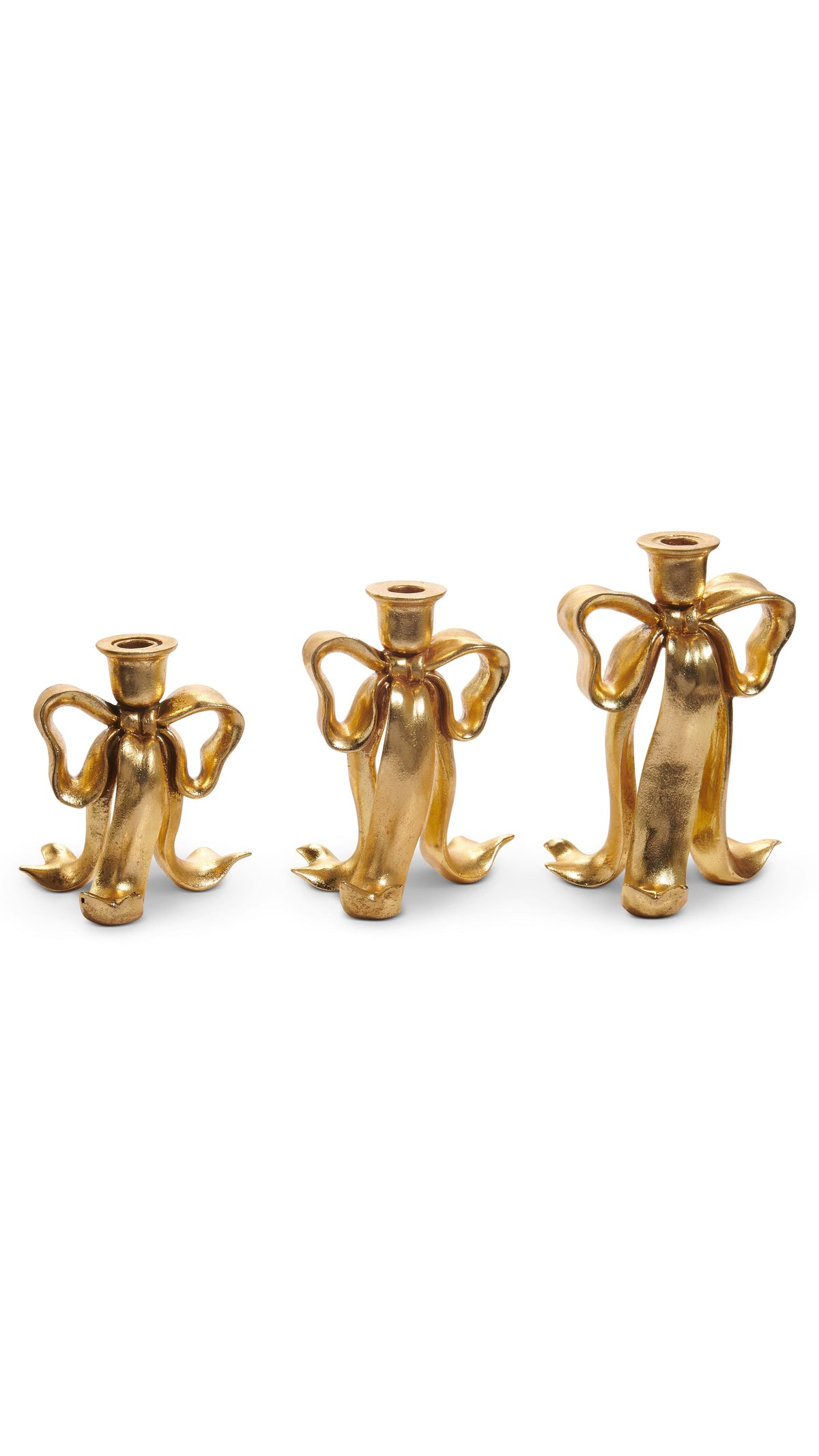 Gold bow taper candlesticks, full view on white