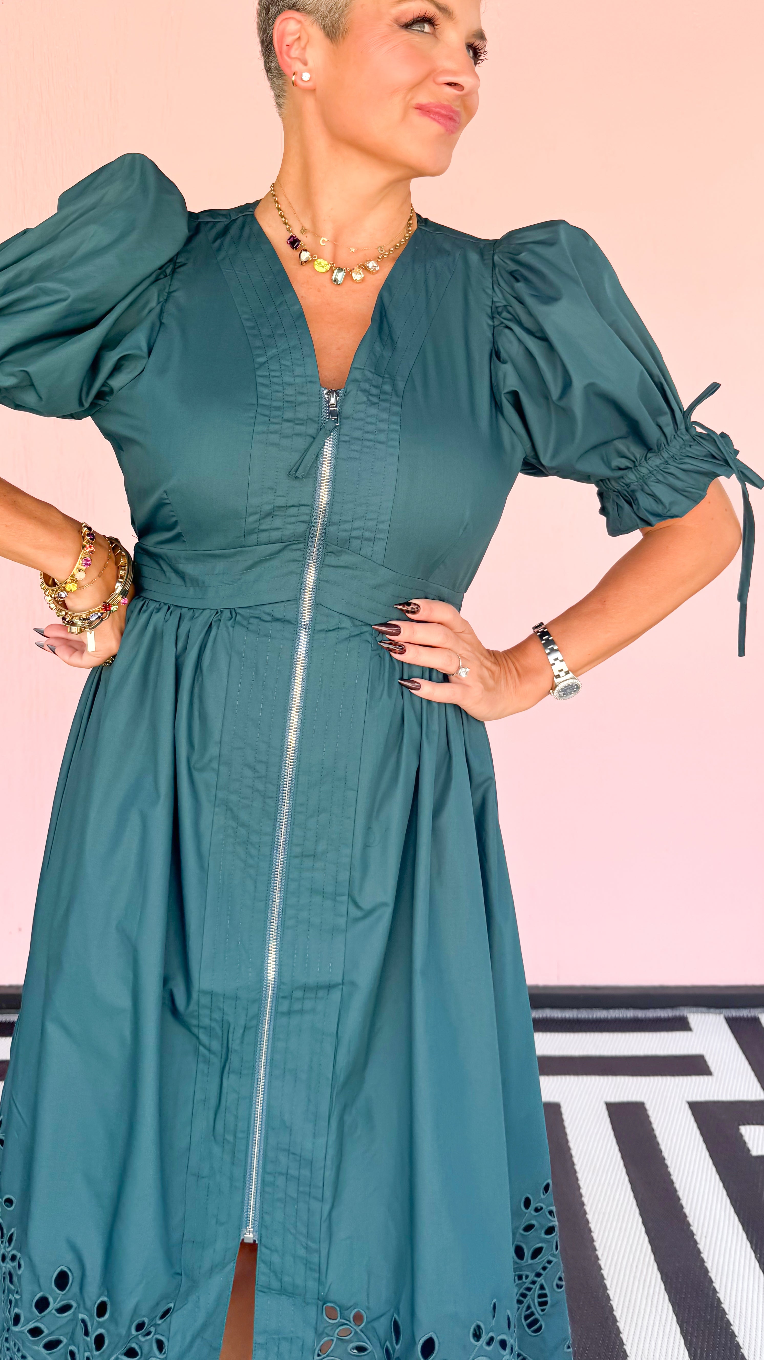 Zip Dress Eyelet Trim/Teal