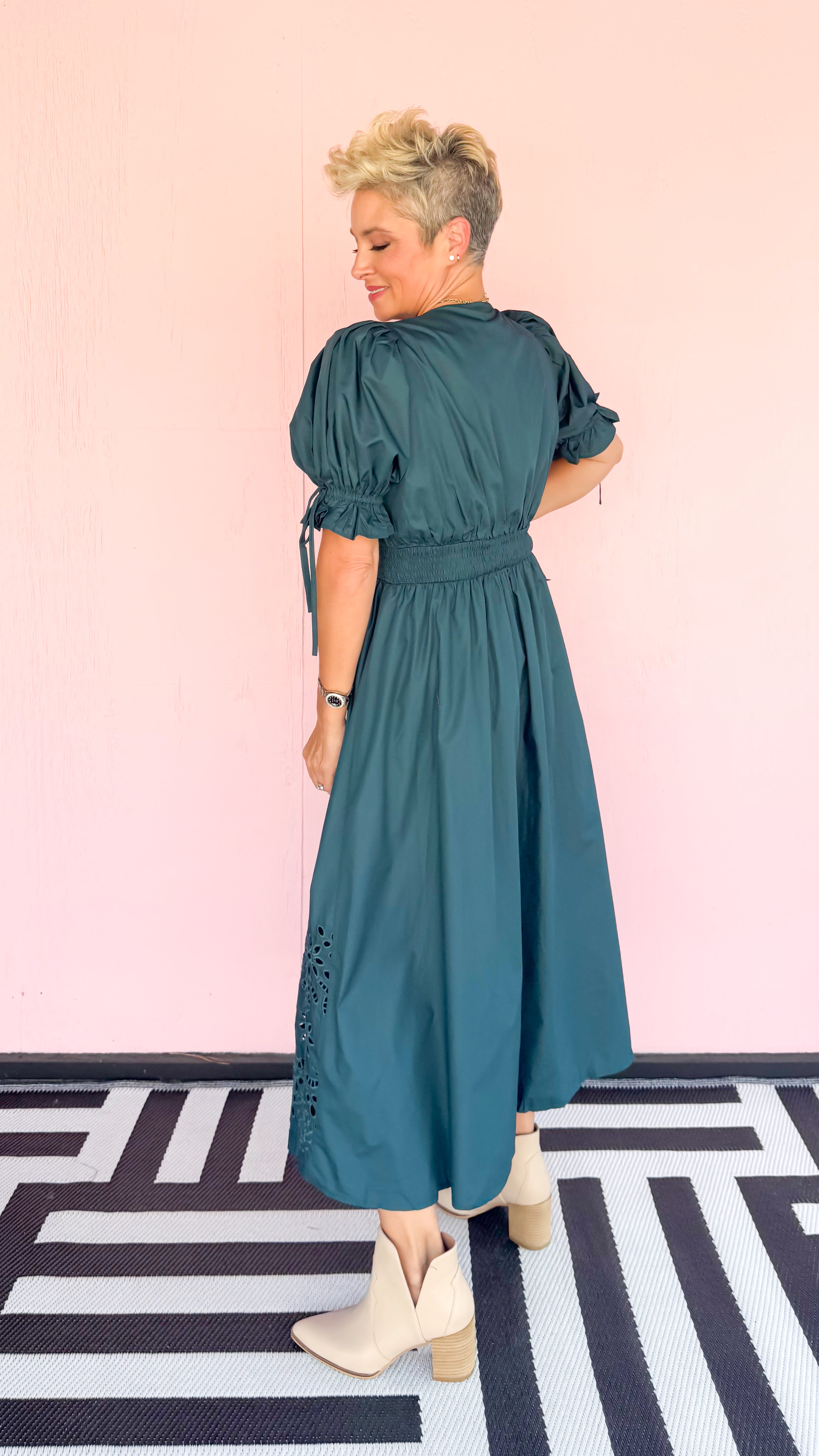 Zip Dress Eyelet Trim/Teal